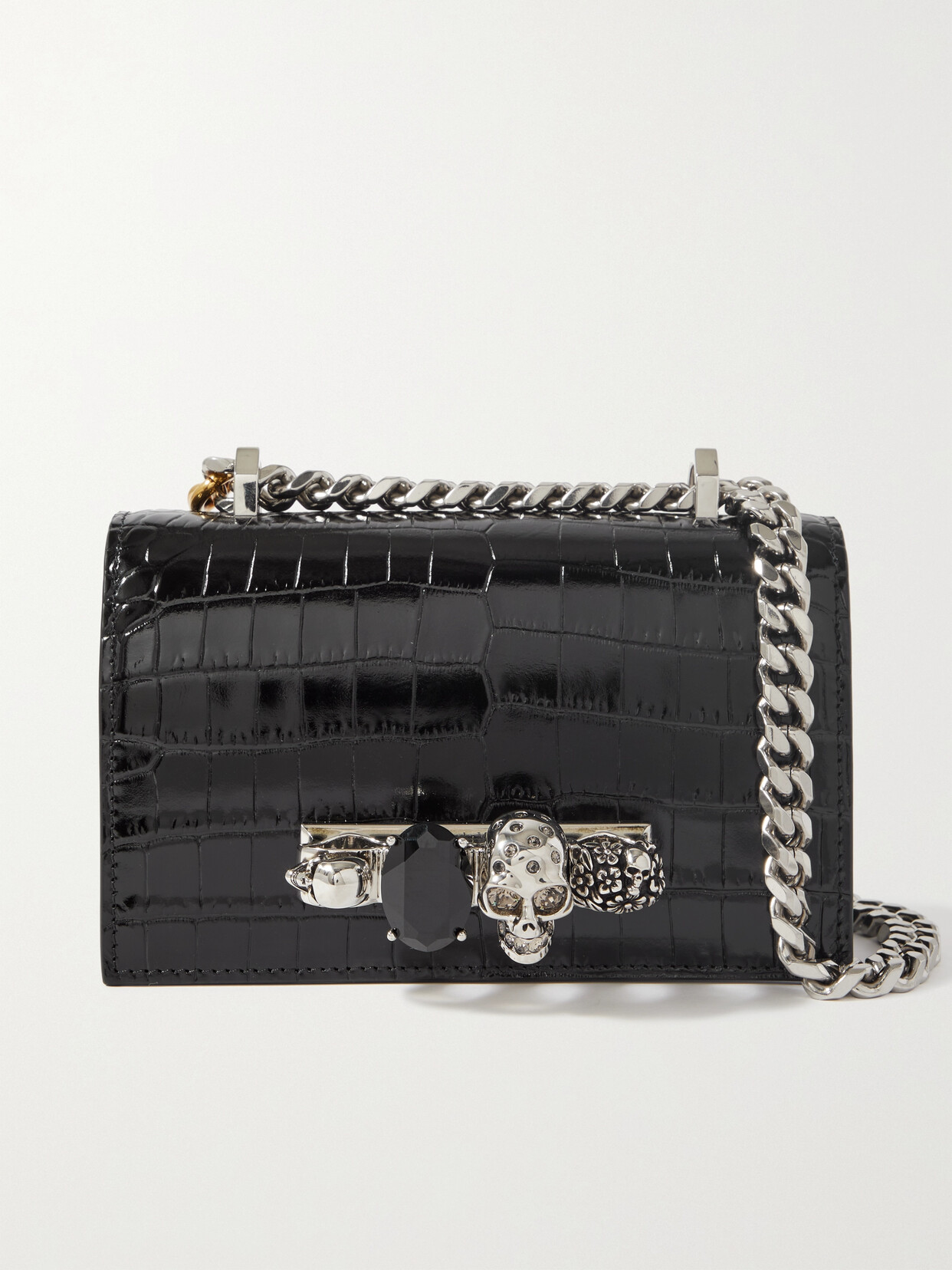 Alexander Mcqueen Embellished Croc-effect Leather Shoulder Bag In Black