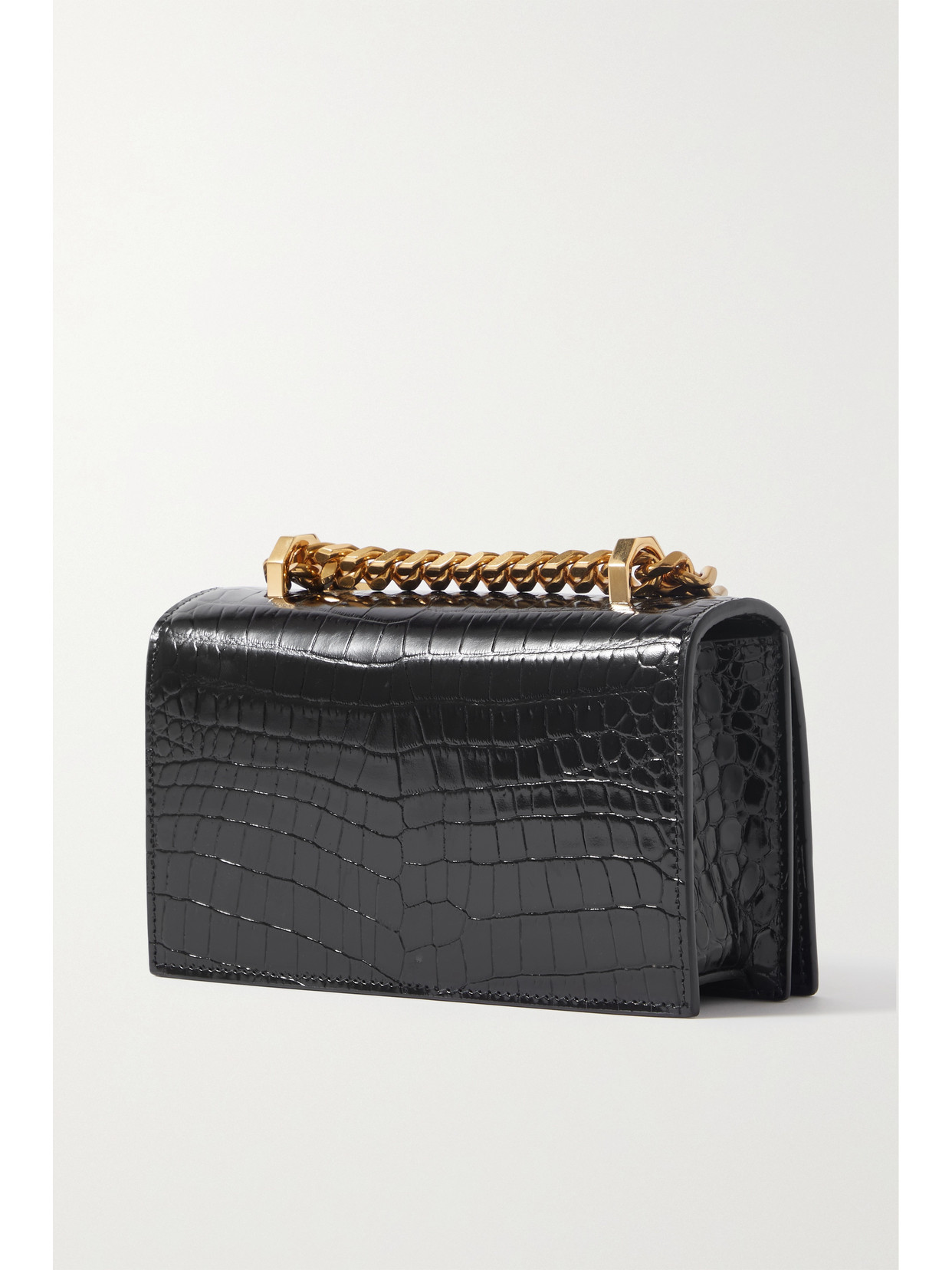 Shop Alexander Mcqueen Jewelled Satchel Mini Embellished Croc-effect Leather Shoulder Bag In Black