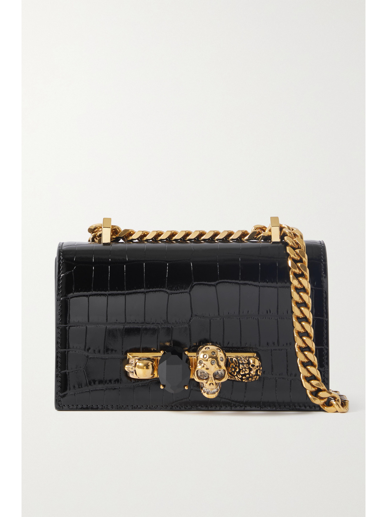 Alexander Mcqueen Jewelled Satchel Embellished Croc-effect Leather Shoulder Bag In Black