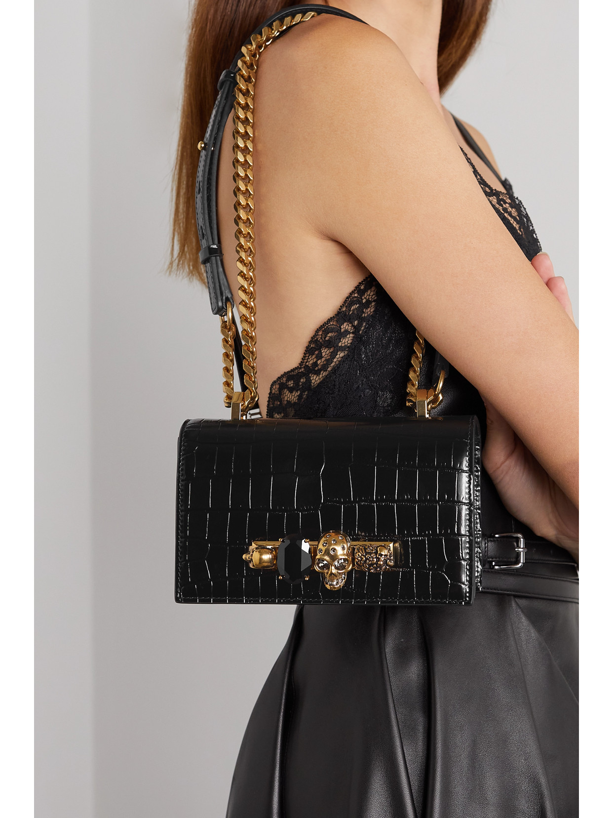 Shop Alexander Mcqueen Jewelled Satchel Mini Embellished Croc-effect Leather Shoulder Bag In Black