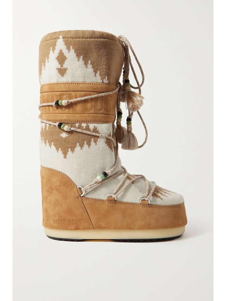 ALANUI + MOON BOOT EMBELLISHED WOOL-JACQUARD AND SUEDE SNOW BOOTS