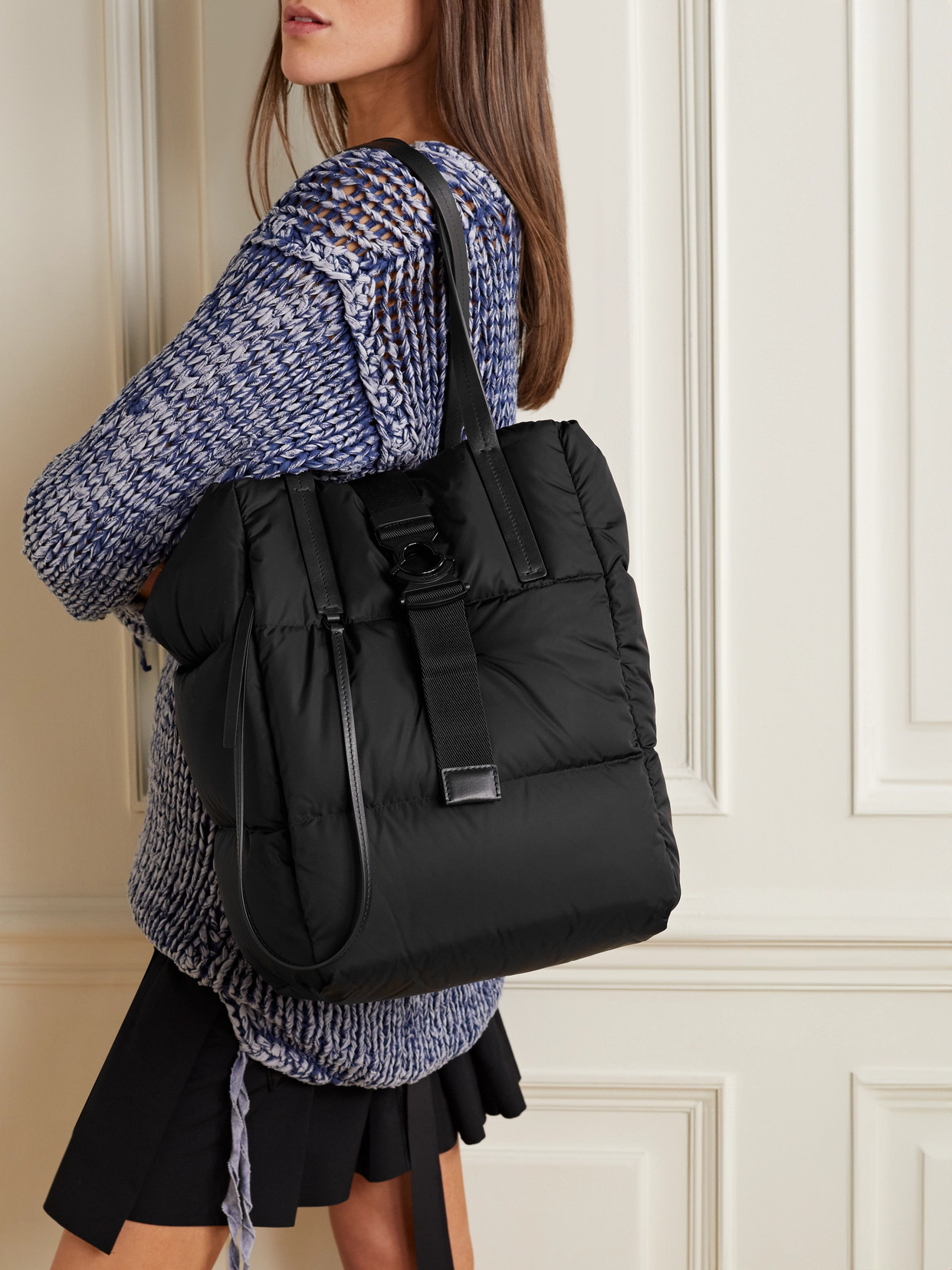 Moncler Xander Large Leather-trimmed Quilted Shell Down Tote In Black
