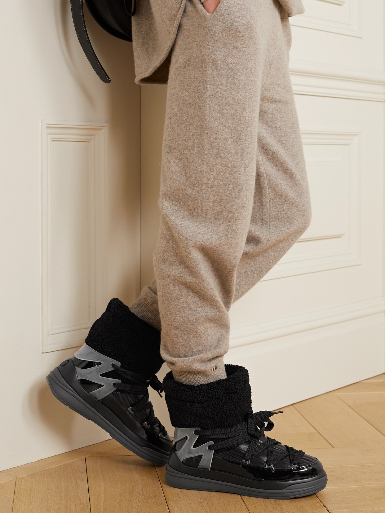 MONCLER INSOLUX M RUBBER-TRIMMED FLEECE, SHELL AND PATENT-LEATHER SNOW BOOTS