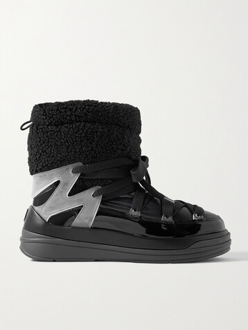Moncler Insolux M rubber-trimmed fleece, shell and patent-leather snow boots