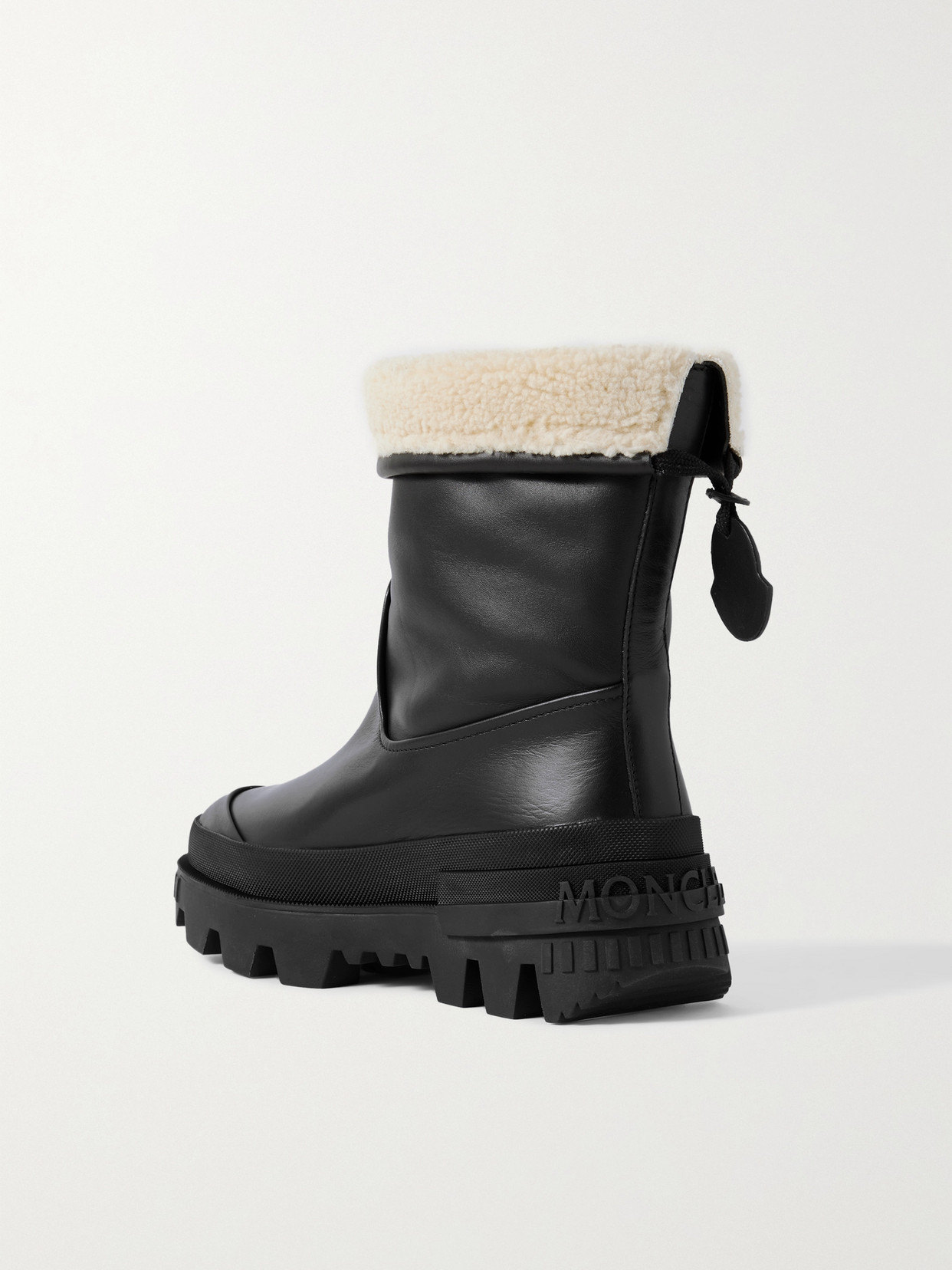 MONCLER MOSCOVA FAUX FUR-TRIMMED LEATHER ANKLE BOOTS