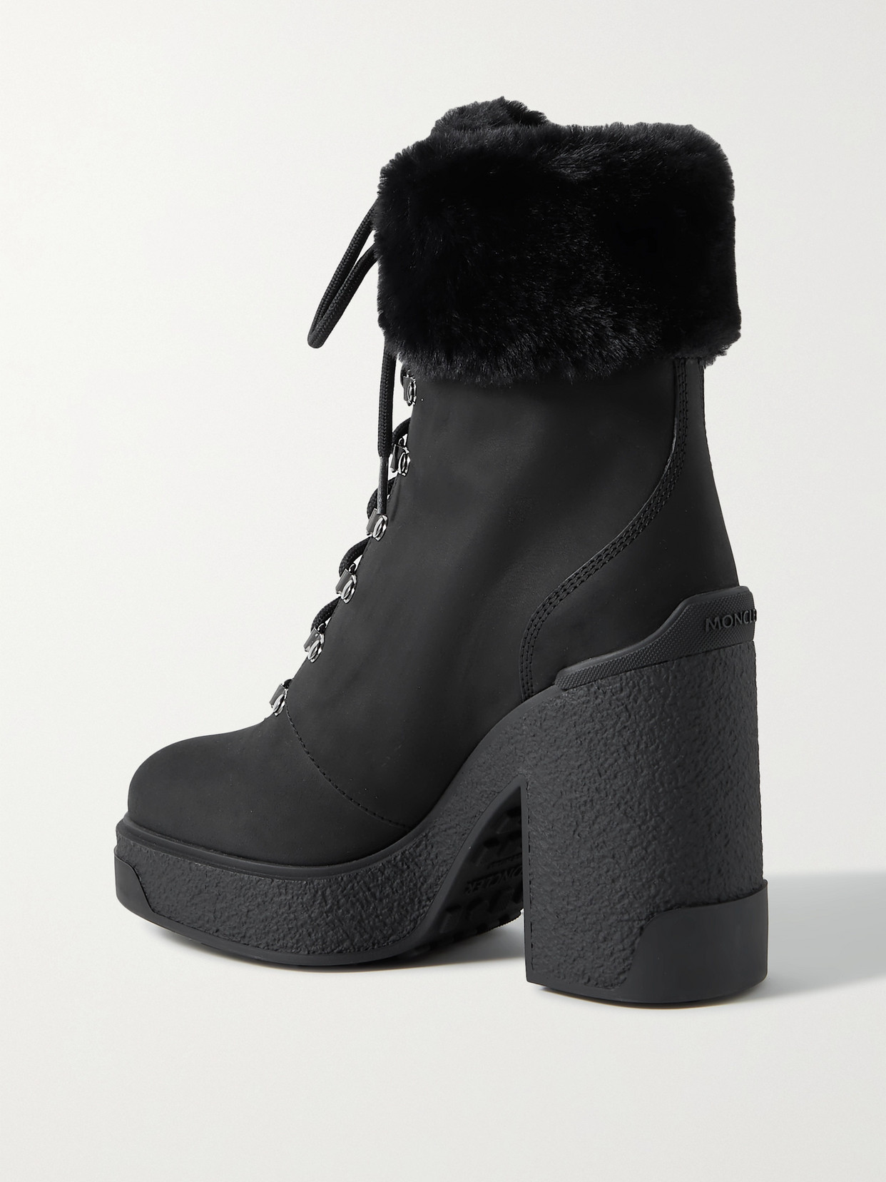 MONCLER CLAUDIA FAUX FUR-TRIMMED NUBUCK ANKLE BOOT