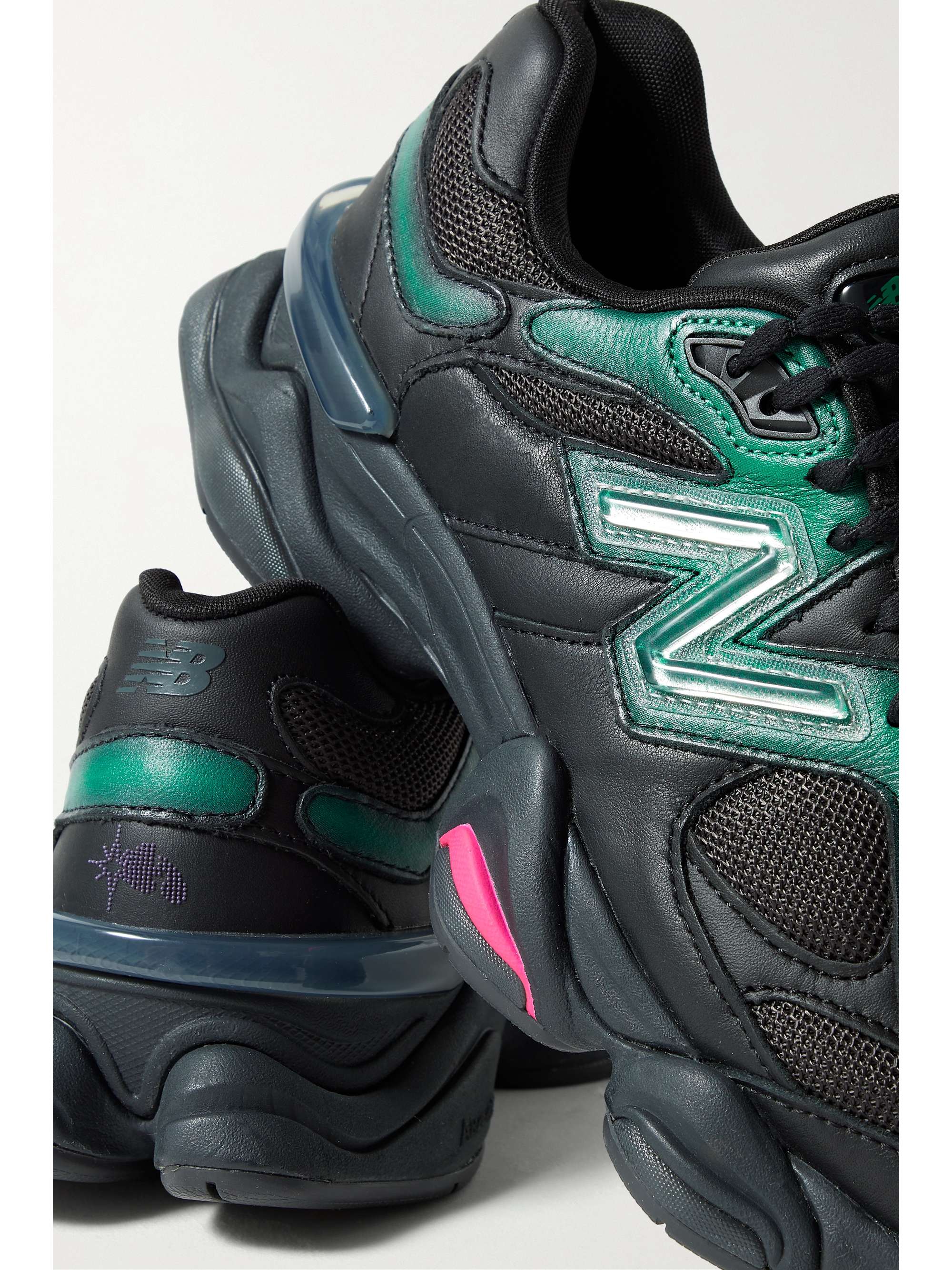 NEW BALANCE + Mowalola 9060 rubber-trimmed leather and mesh sneakers