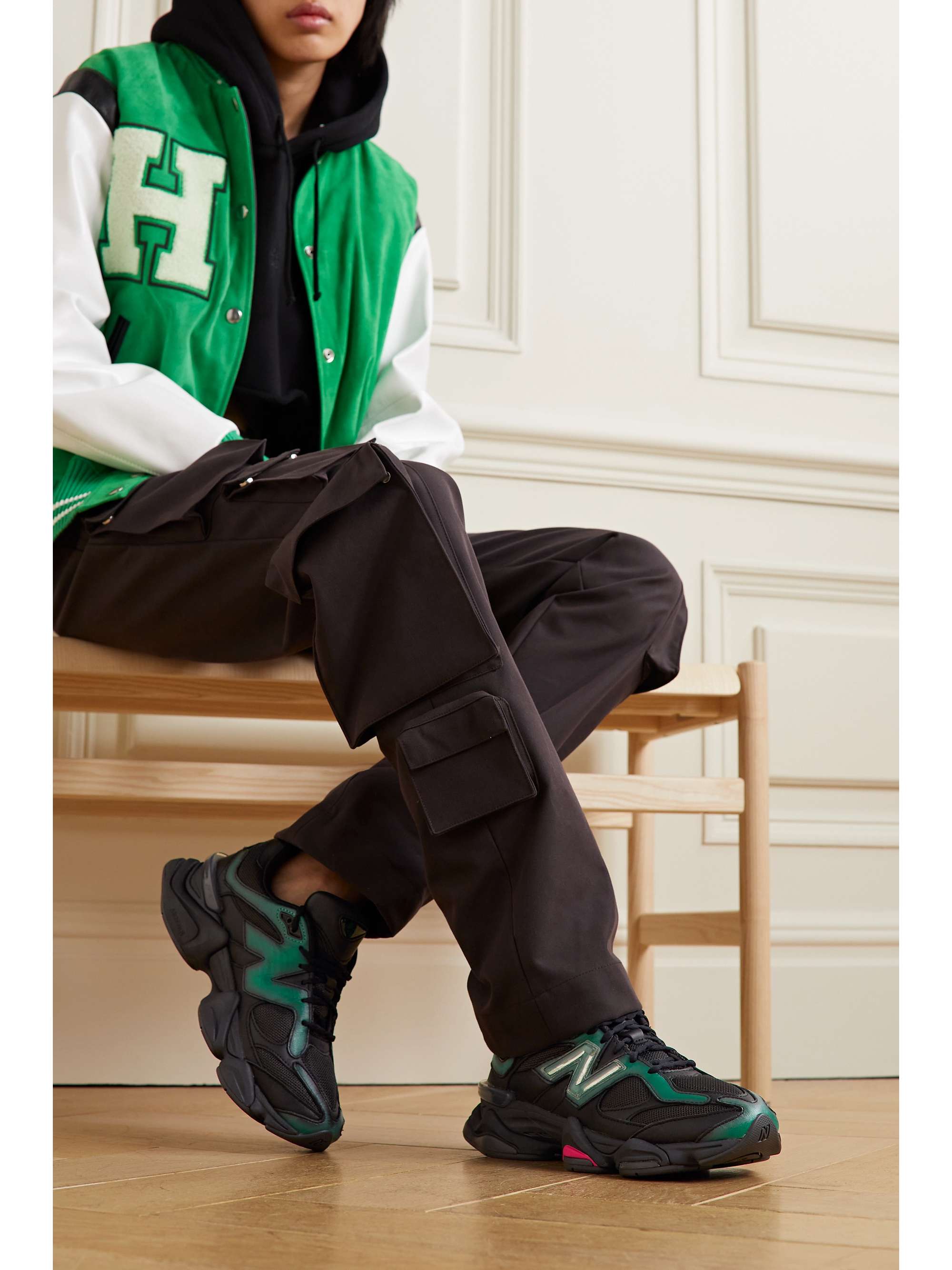 NEW BALANCE + Mowalola 9060 rubber-trimmed leather and mesh sneakers