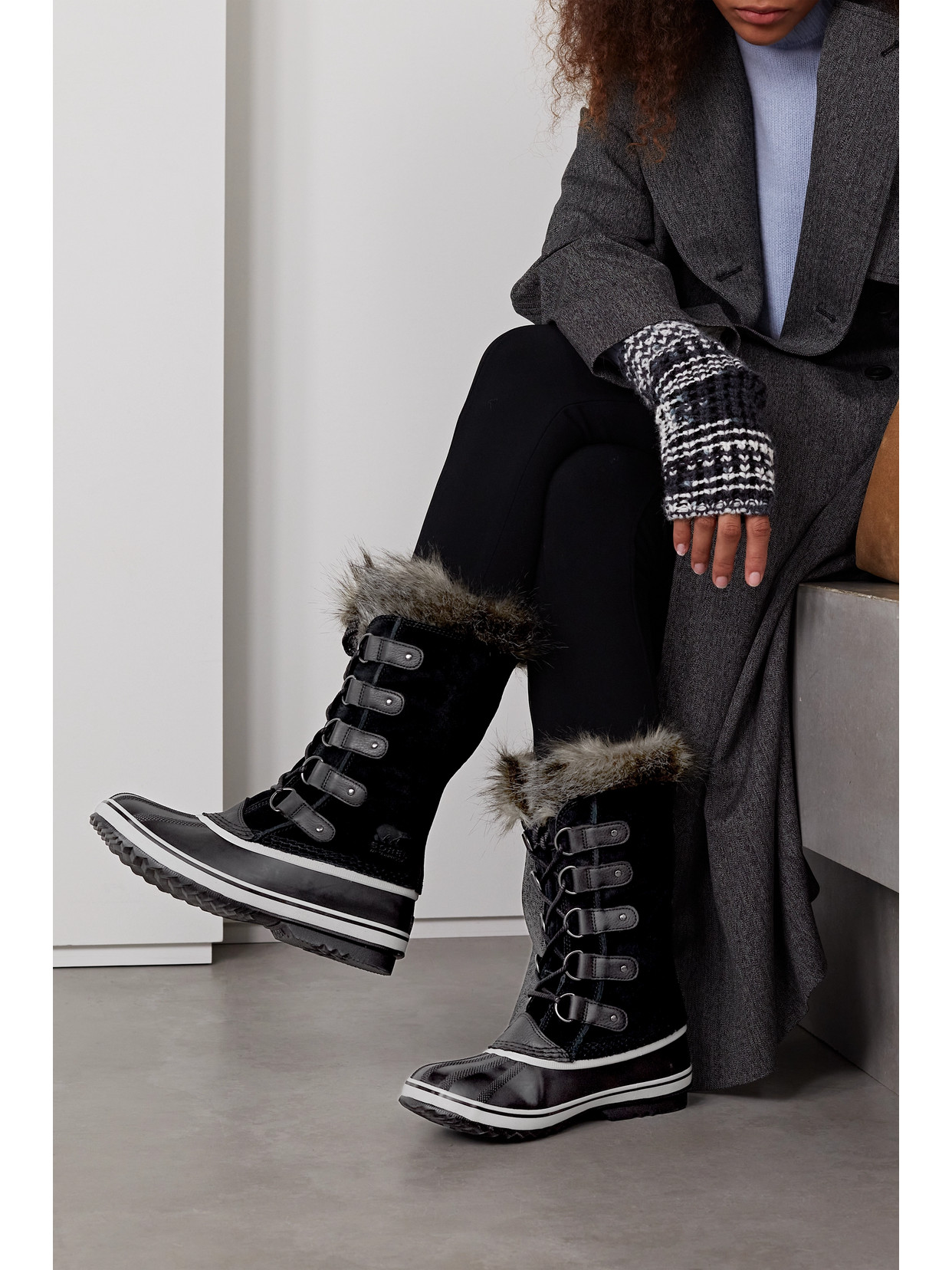 Shop Sorel Joan Of Arctic Faux Fur-trimmed Waterproof Suede And Rubber Boots In Black