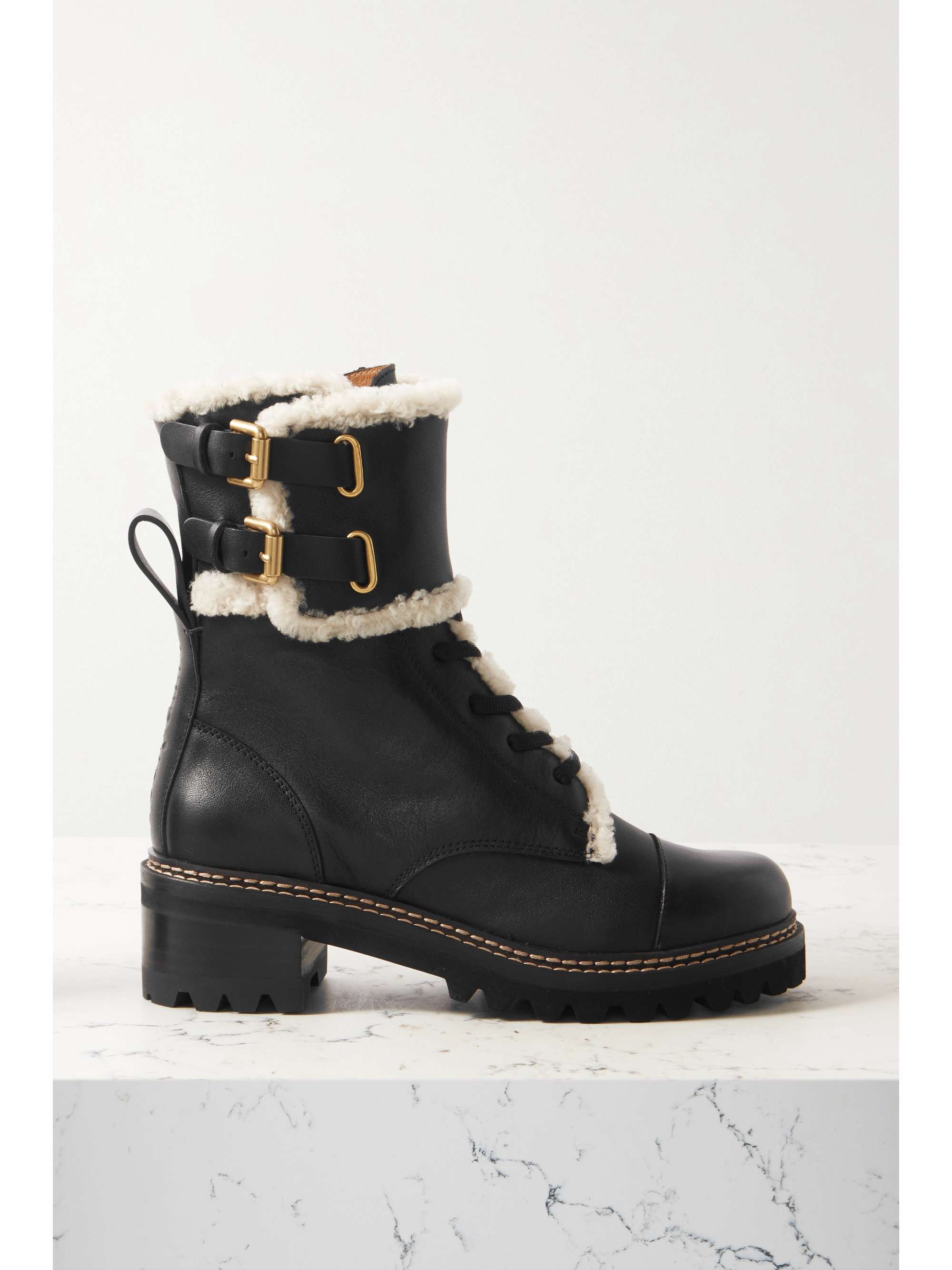 SEE BY CHLOÉ Mallory shearling-lined leather combat boots | NET-A-PORTER