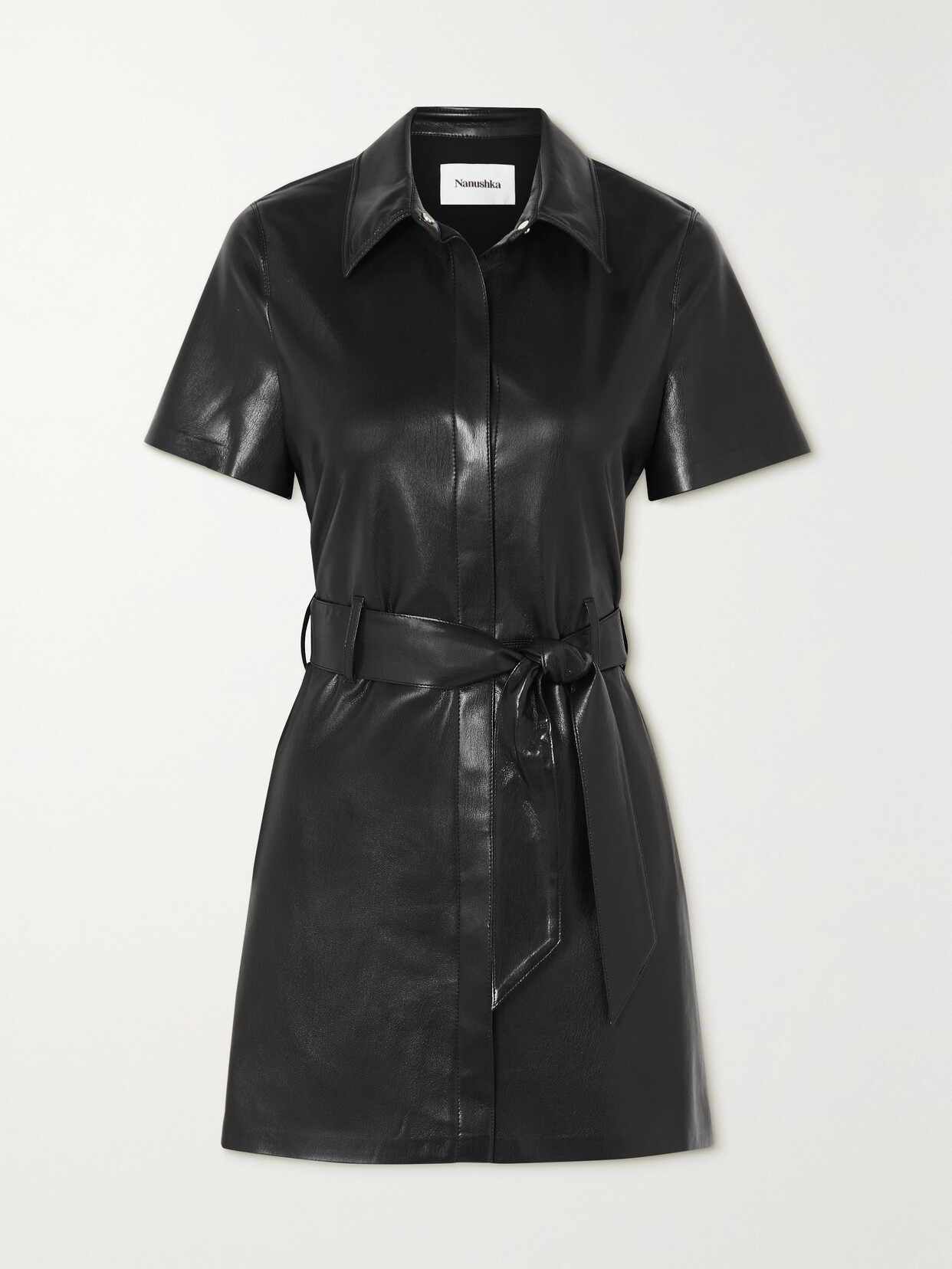 Shop Nanushka Halli Belted Vegan Leather Mini Shirt Dress In Black