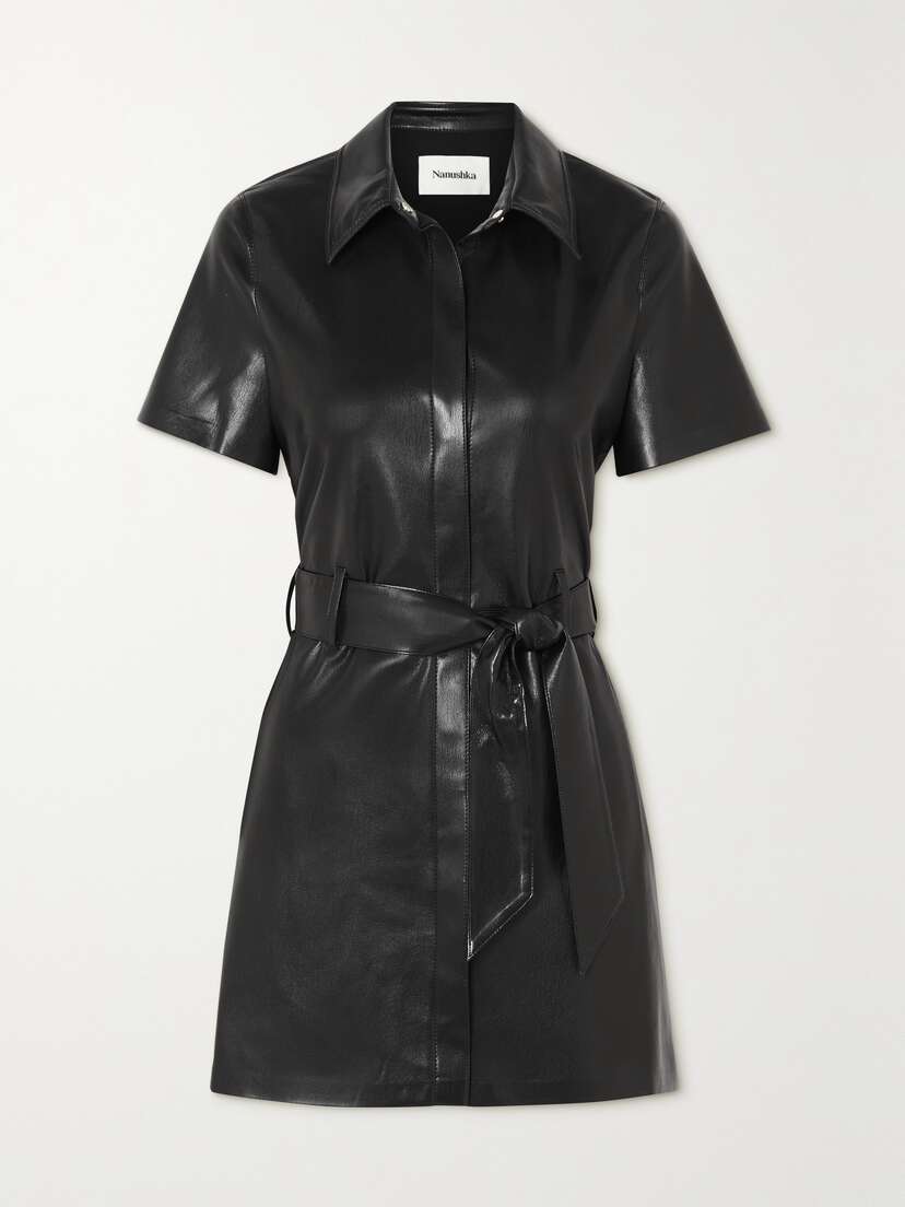 Nanushka Halli Belted Vegan Leather Mini Shirt Dress