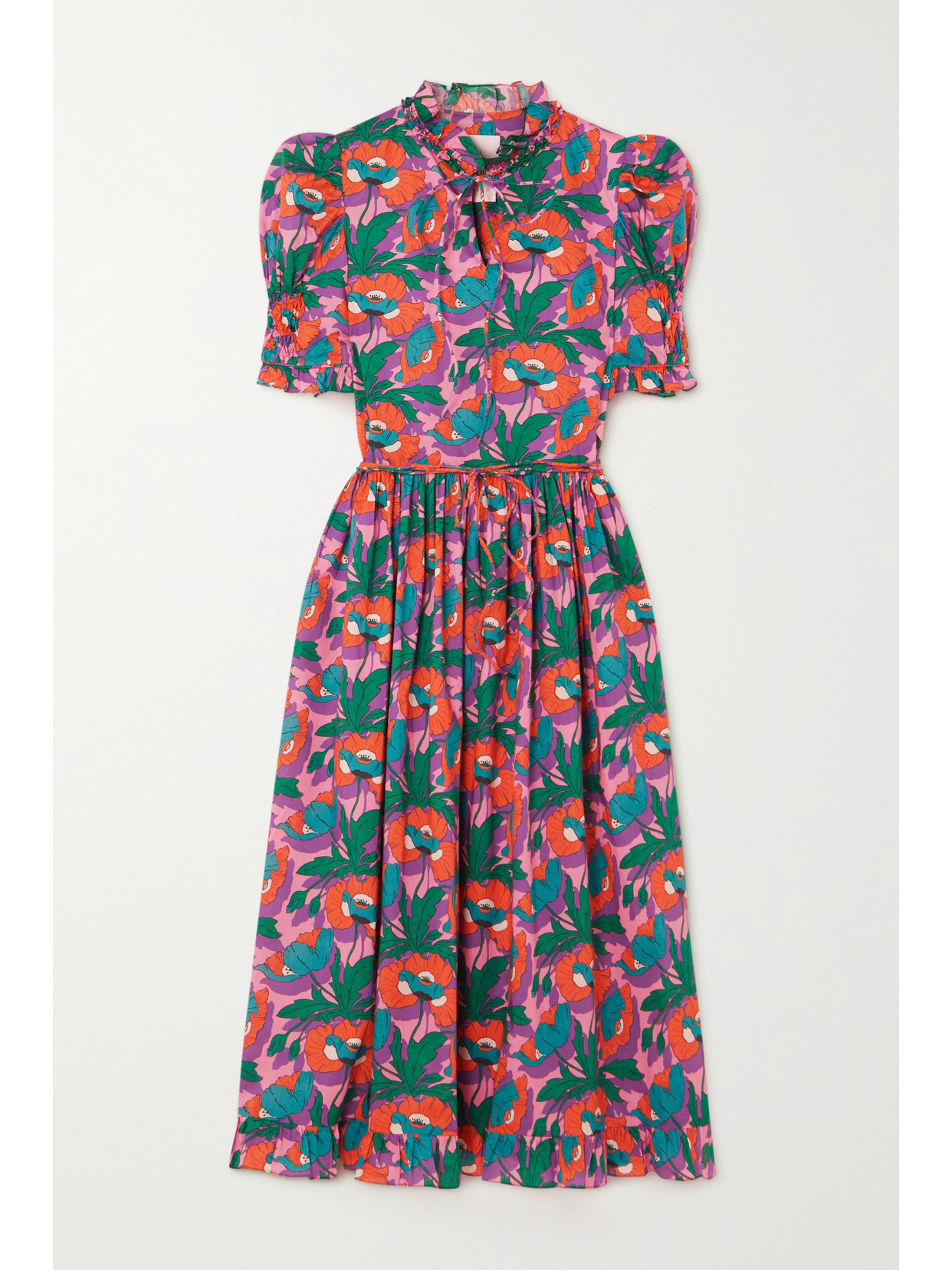 Click to view more detailed imagery on our partner's website Horror Vacui Leandra Belted Tie-neck Ruffled Floral-print Cotton-poplin Midi Dress In Green