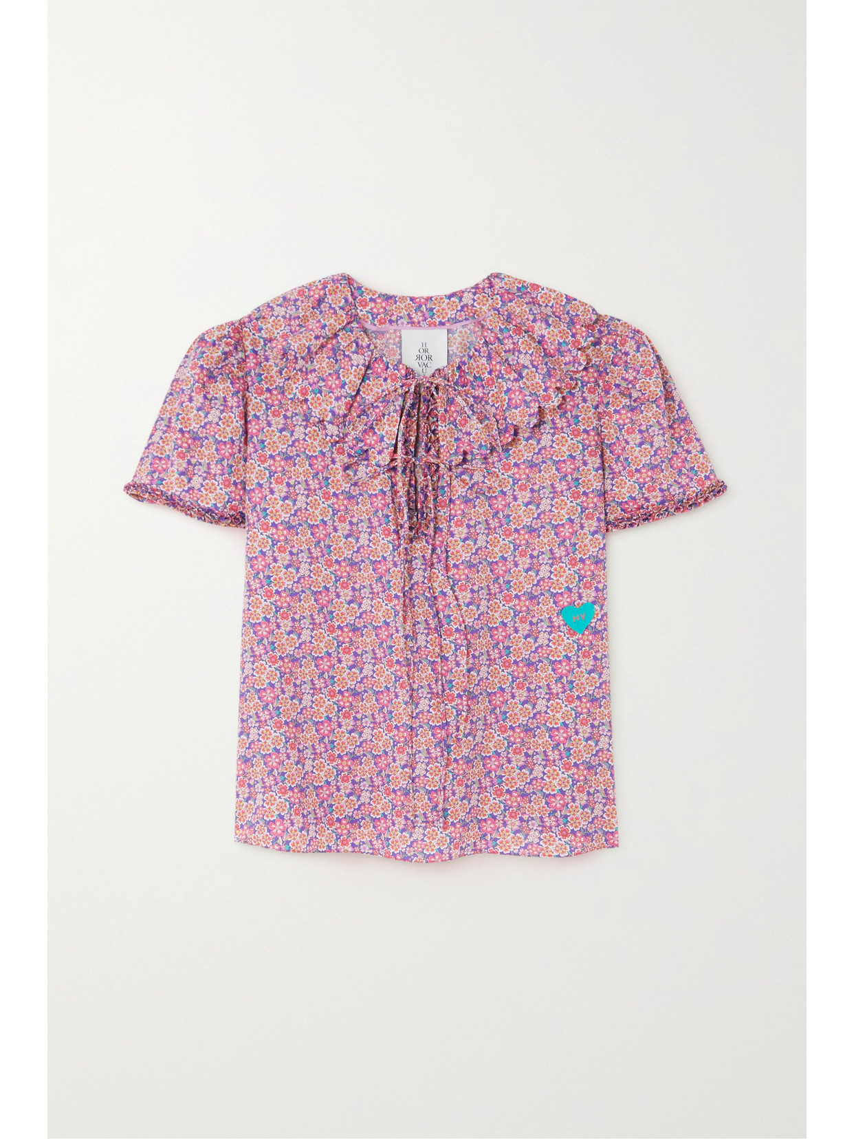 Click to view more detailed imagery on our partner's website Horror Vacui Lotti Tie-neck Scalloped Floral-print Cotton-poplin Blouse In Pink