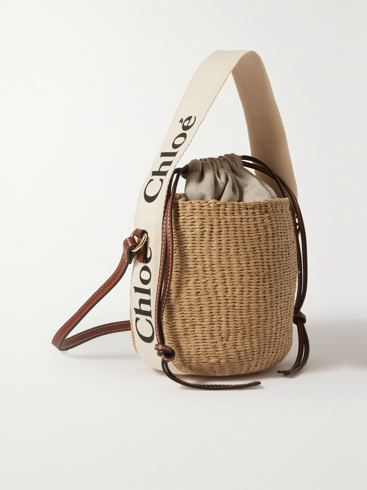 Chloé Woody Small Leather-trimmed Raffia Basket Bag In White