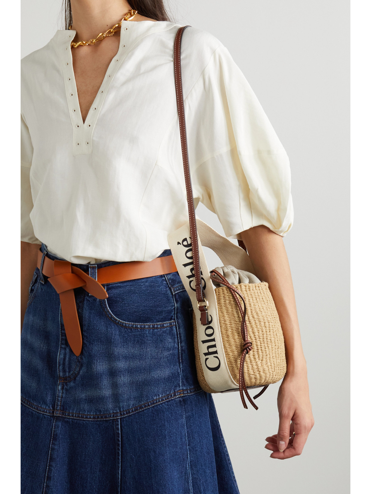 Shop Chloé Woody Small Leather-trimmed Raffia Basket Bag In White