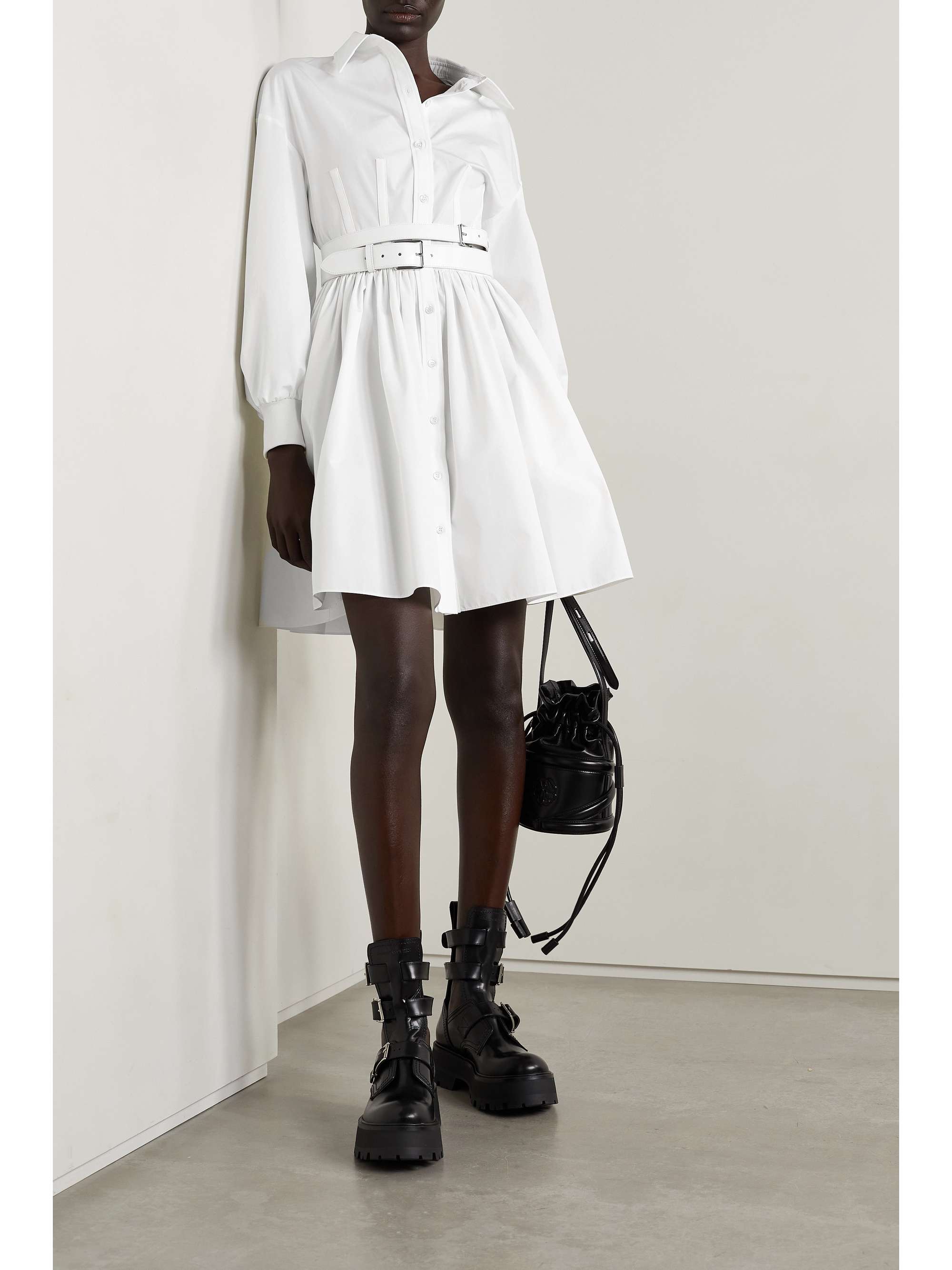 Gathered cotton-poplin mini shirt dress 