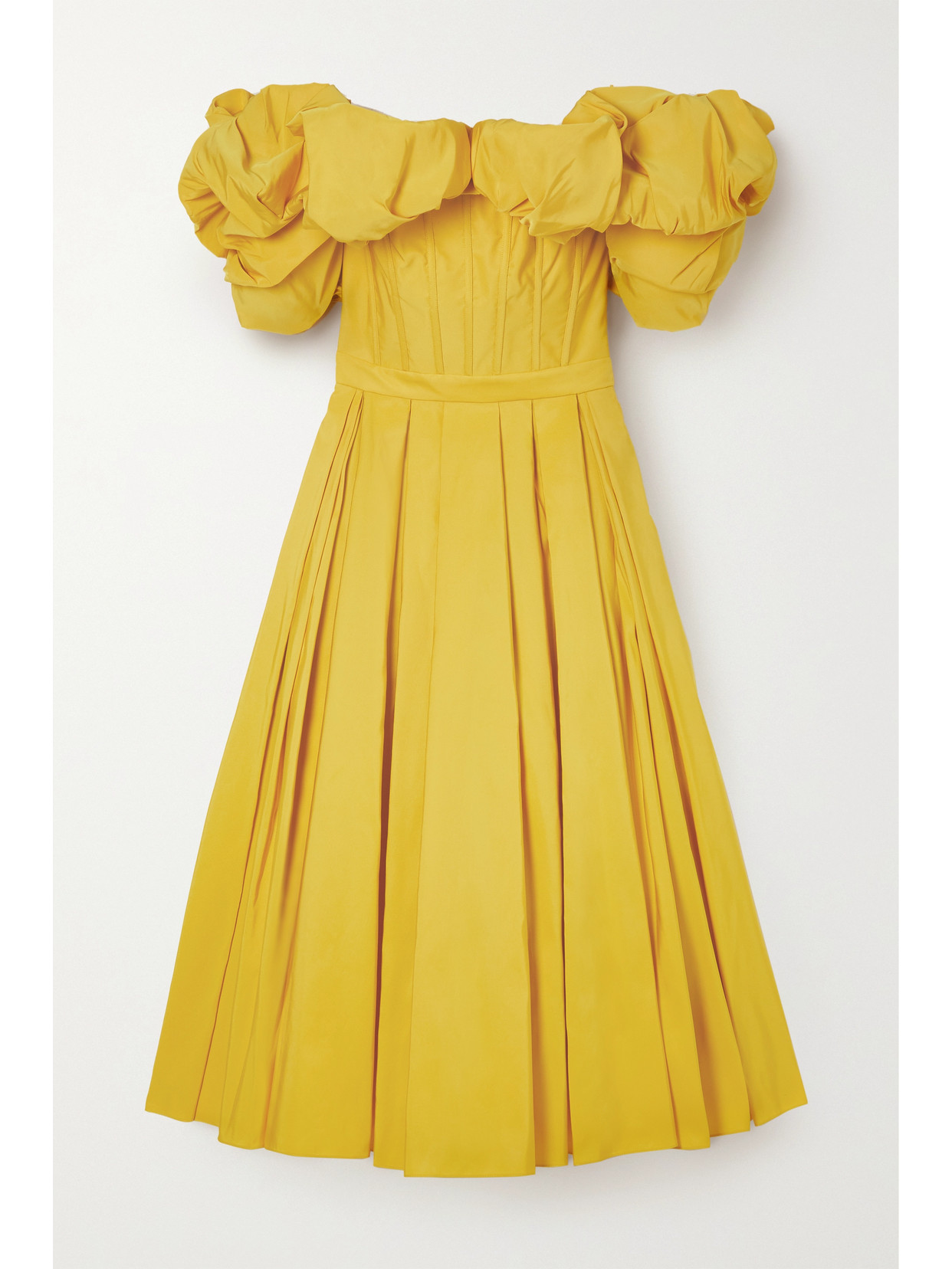 ALEXANDER MCQUEEN OFF-THE-SHOULDER RUFFLED PLEATED TAFFETA MIDI DRESS