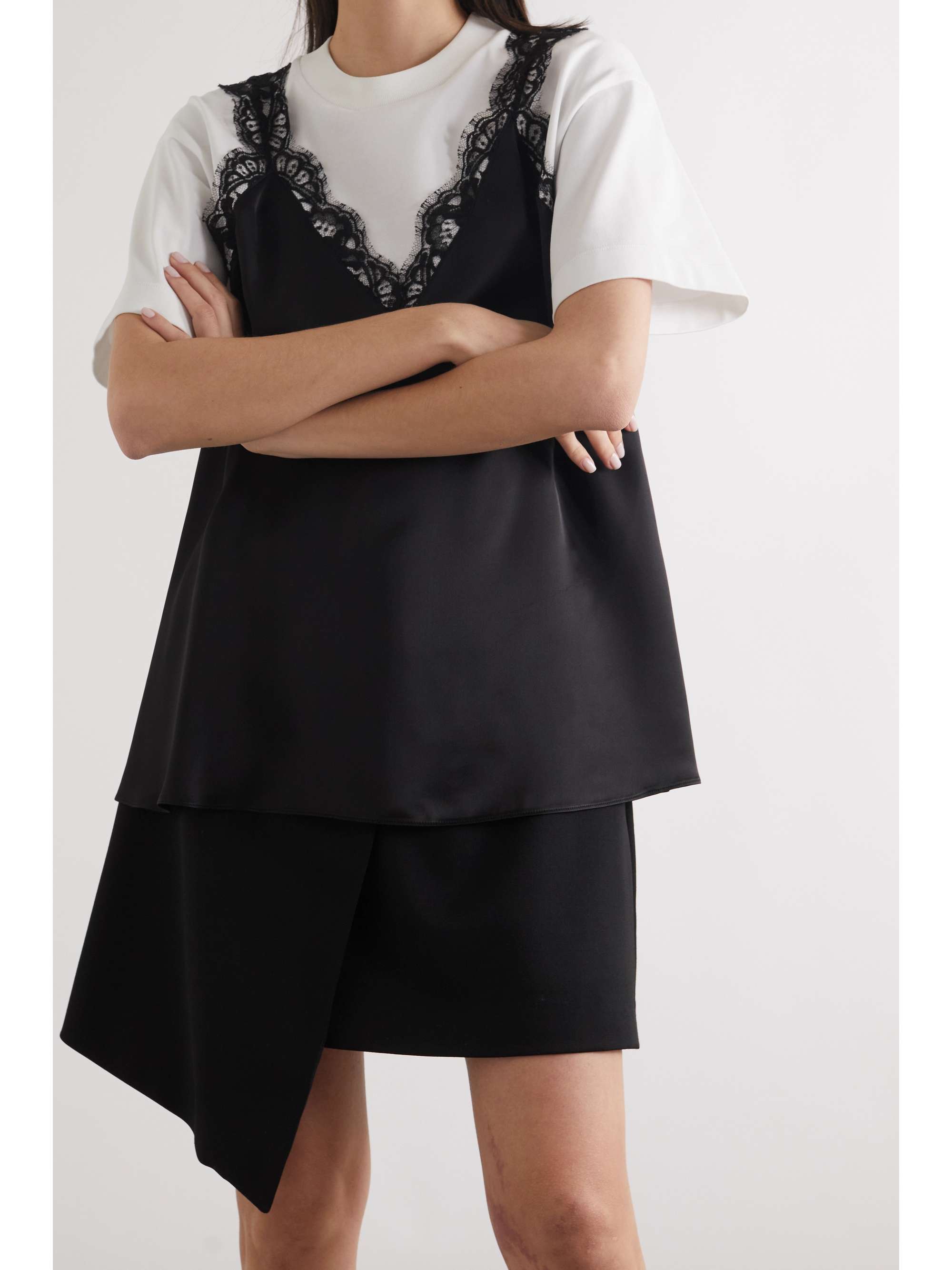 ALEXANDER MCQUEEN Layered lace-trimmed satin and cotton-jersey T-shirt