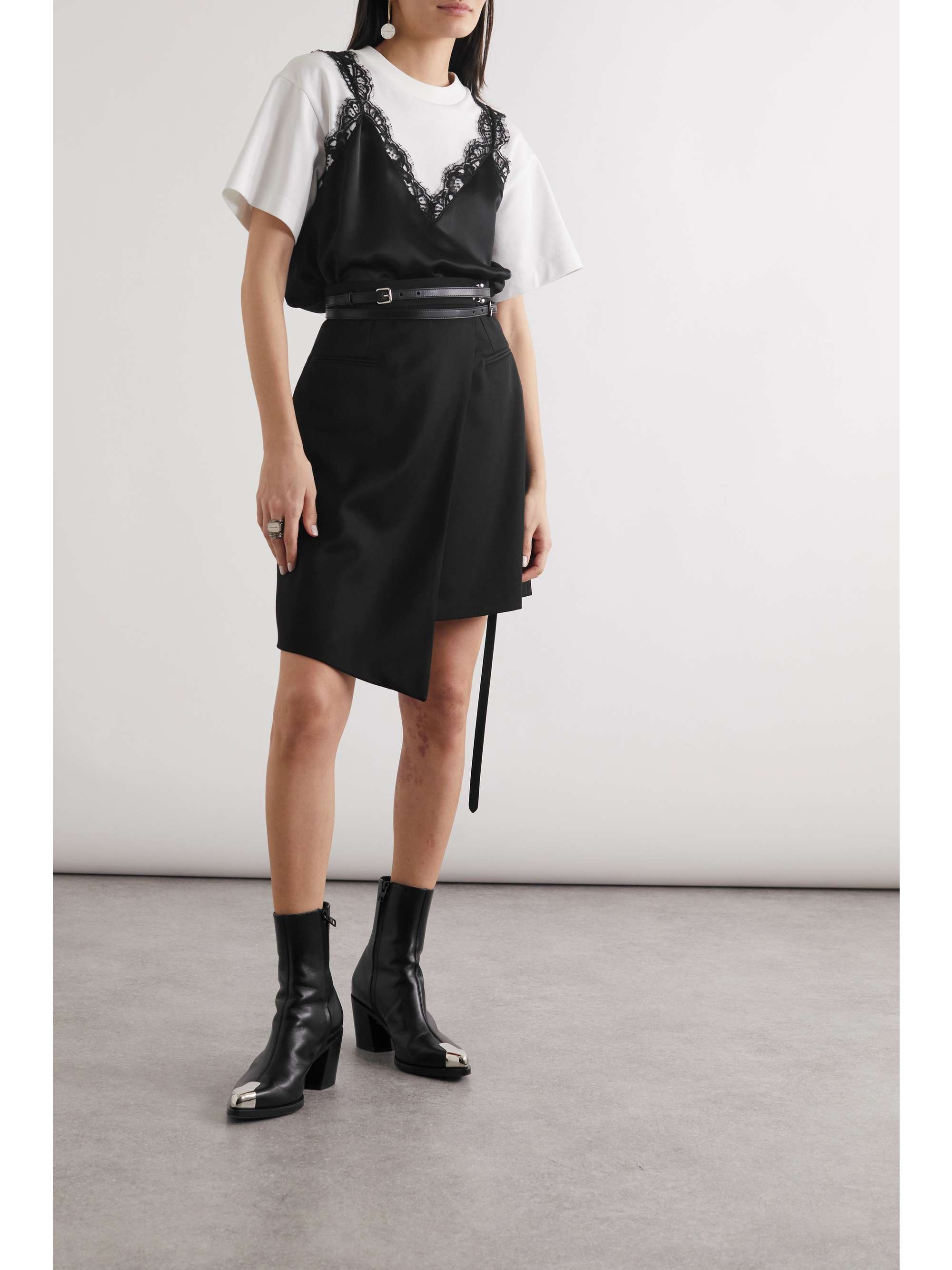 ALEXANDER MCQUEEN Layered lace-trimmed satin and cotton-jersey T-shirt