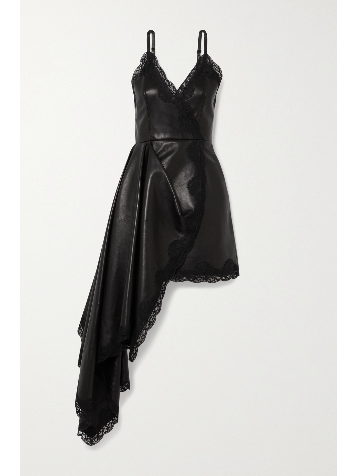 ALEXANDER MCQUEEN ASYMMETRIC DRAPED WRAP-EFFECT LACE-TRIMMED LEATHER DRESS