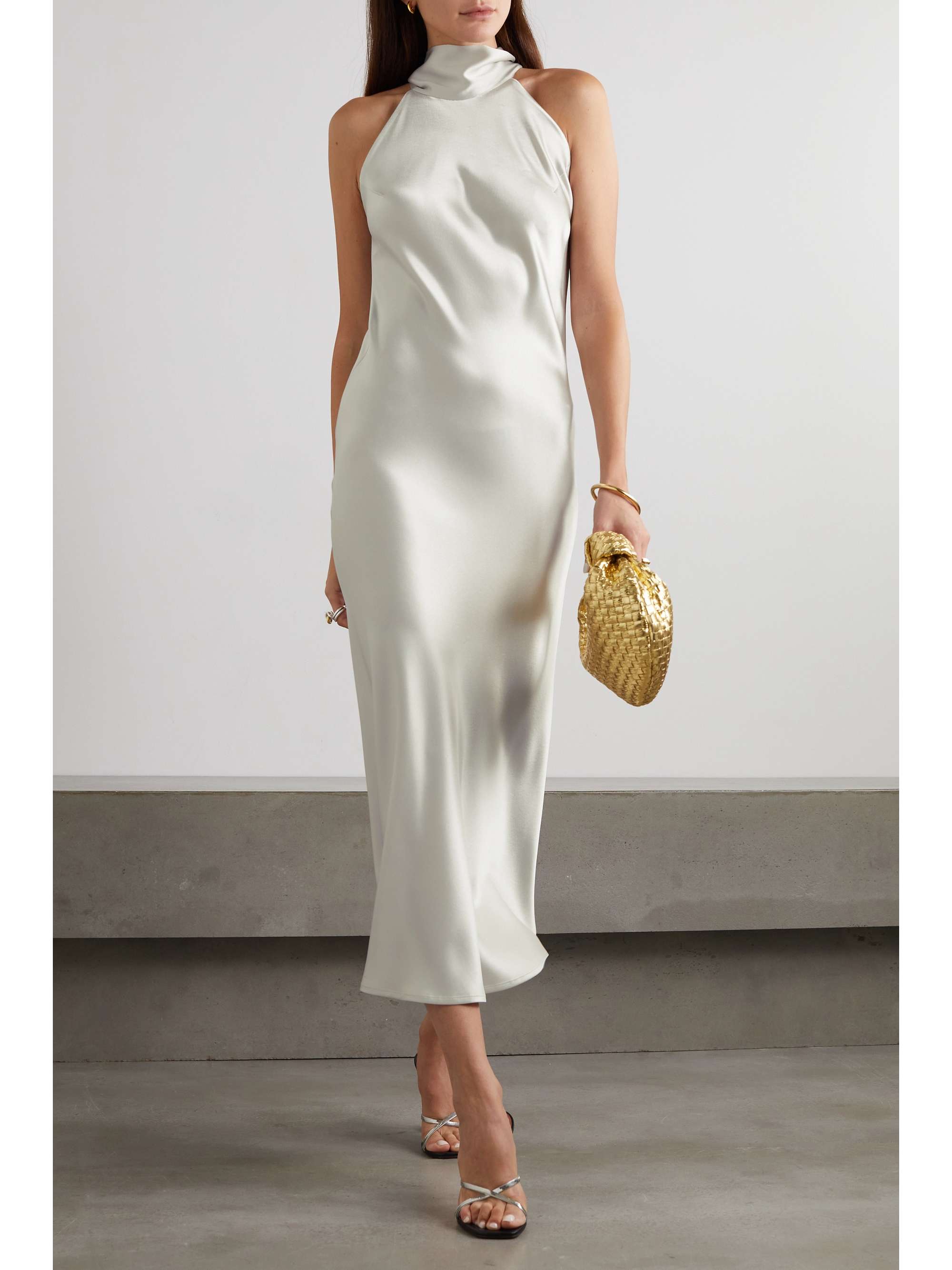 GALVAN Sienna satin halterneck midi dress