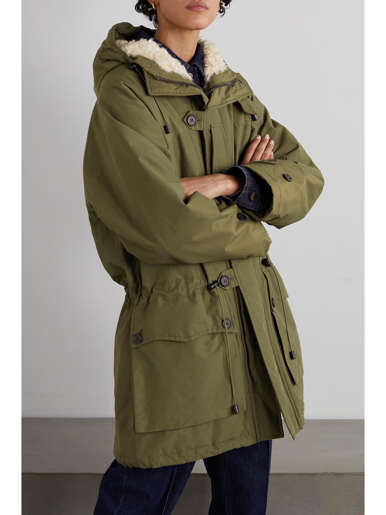 Fortela Fergie Hooded Faux Shearling-lined Cotton-blend Canvas Parka In Green