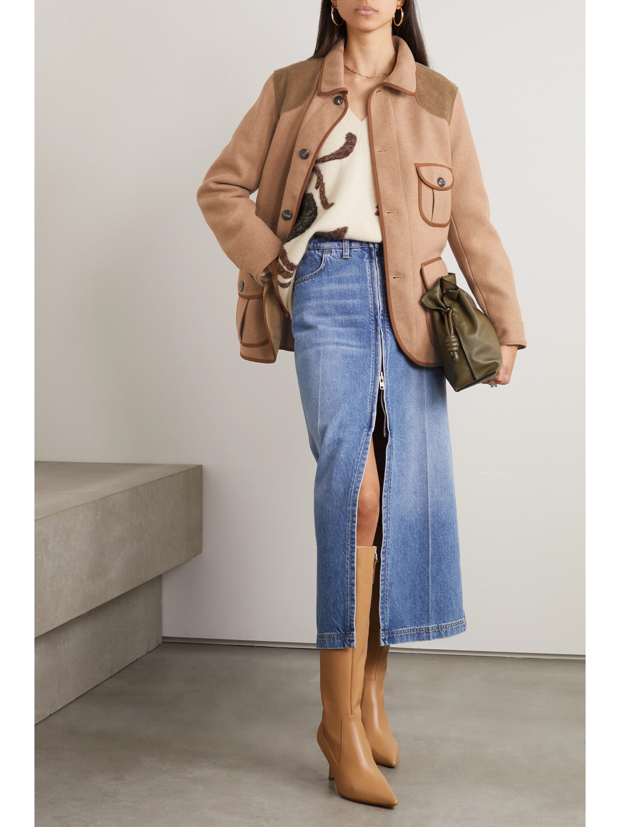 Fortela Bess Corduroy-trimmed Wool-blend Jacket In Camel