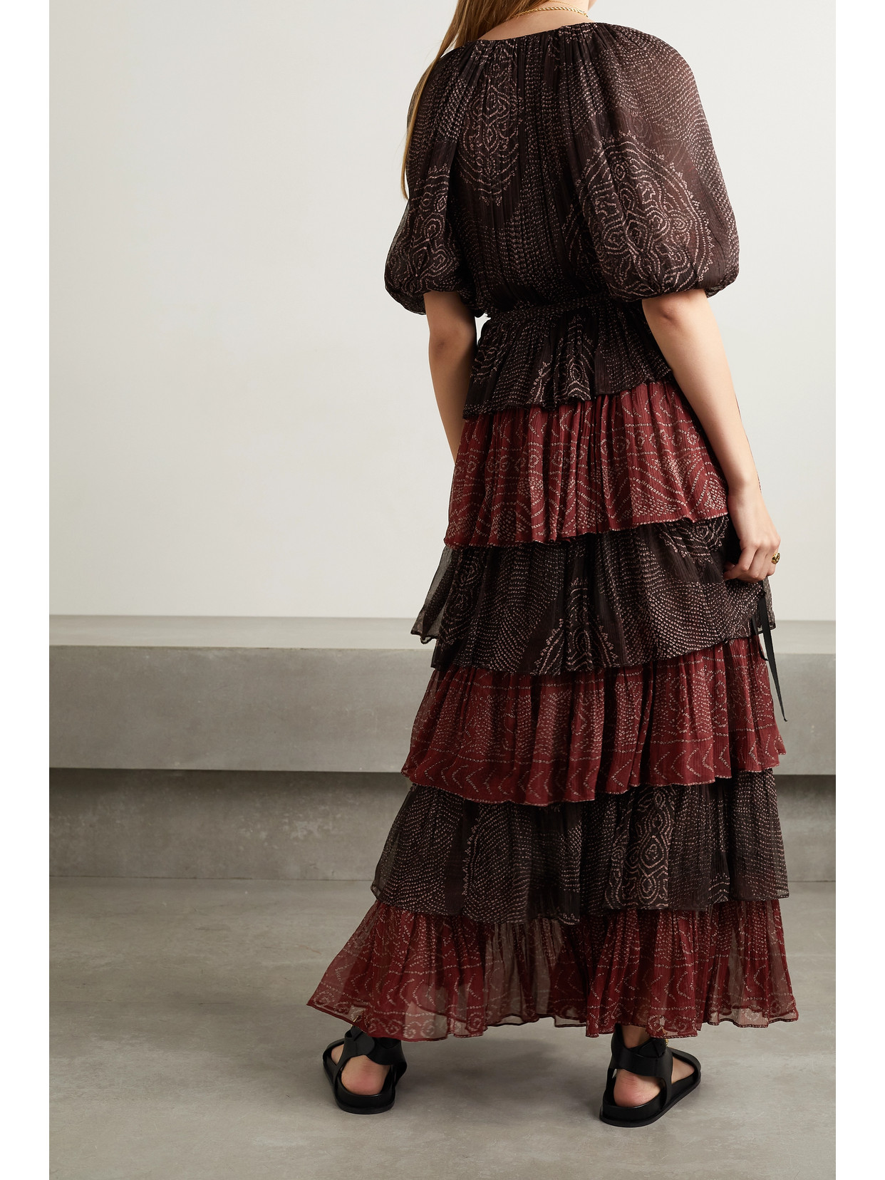 Ulla Johnson Emi Mixed Print Tiered Silk Dress In Burgundy