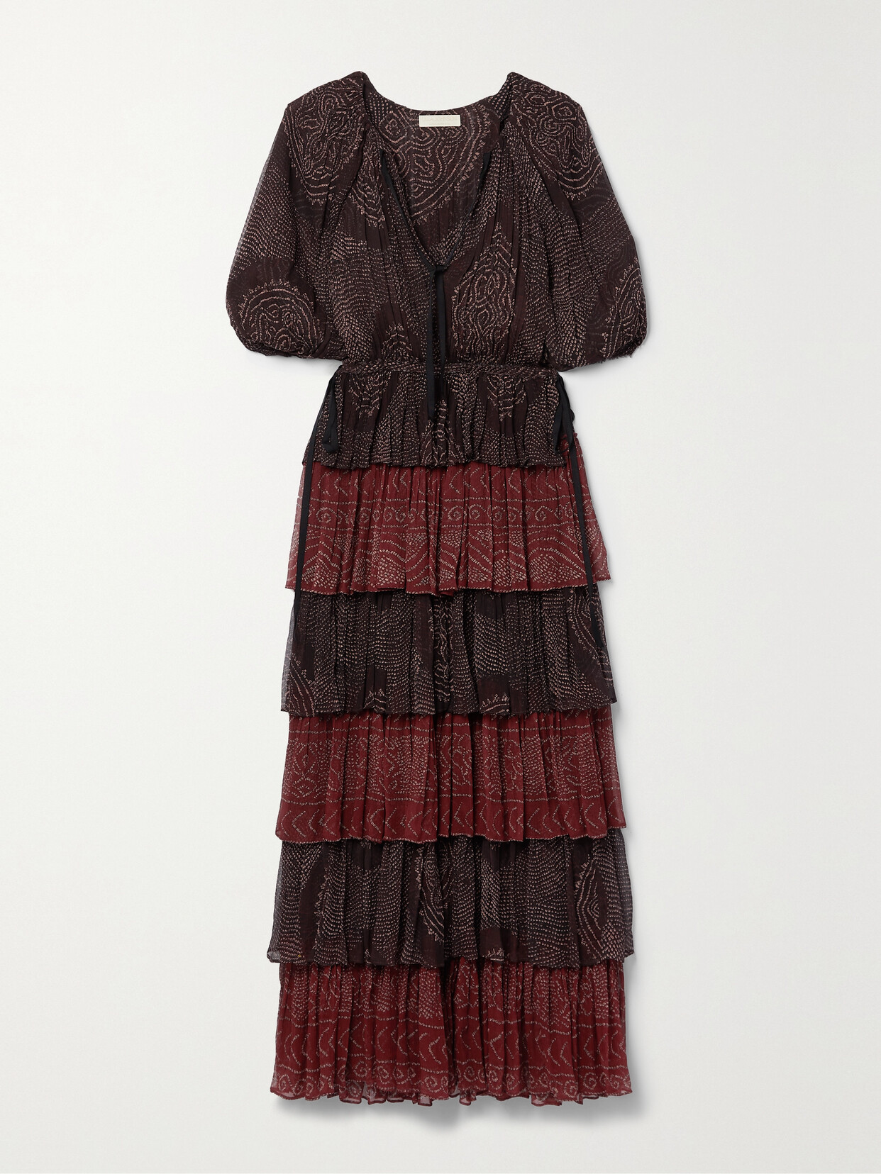 Ulla Johnson Emi Mixed Print Tiered Silk Dress In Burgundy