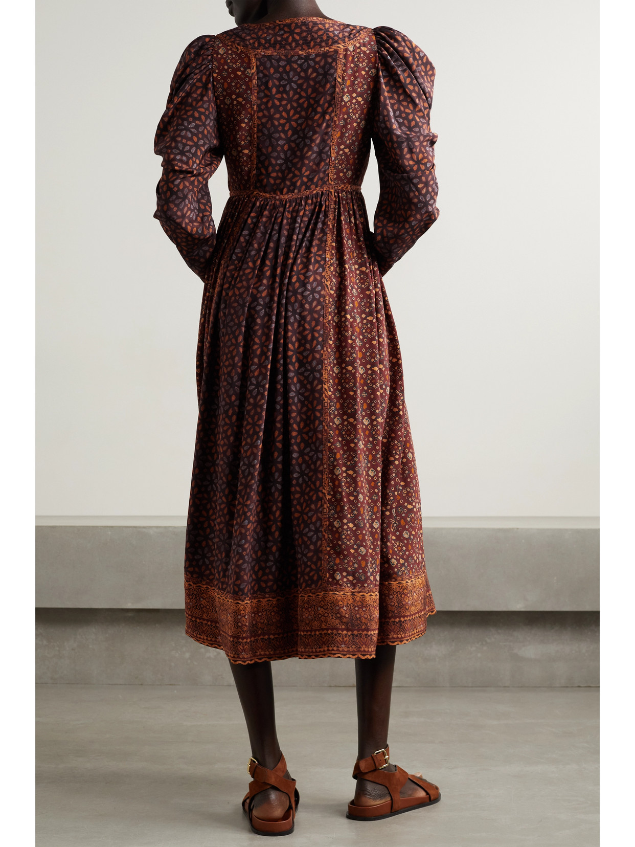 Ulla Johnson Diann Gathered Printed Silk Crepe De Chine Midi Dress In Brown