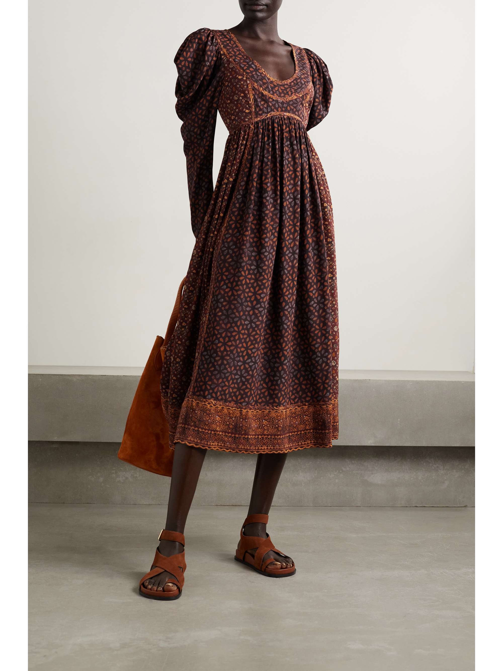 ULLA JOHNSON Diann gathered printed silk crepe de chine midi dress