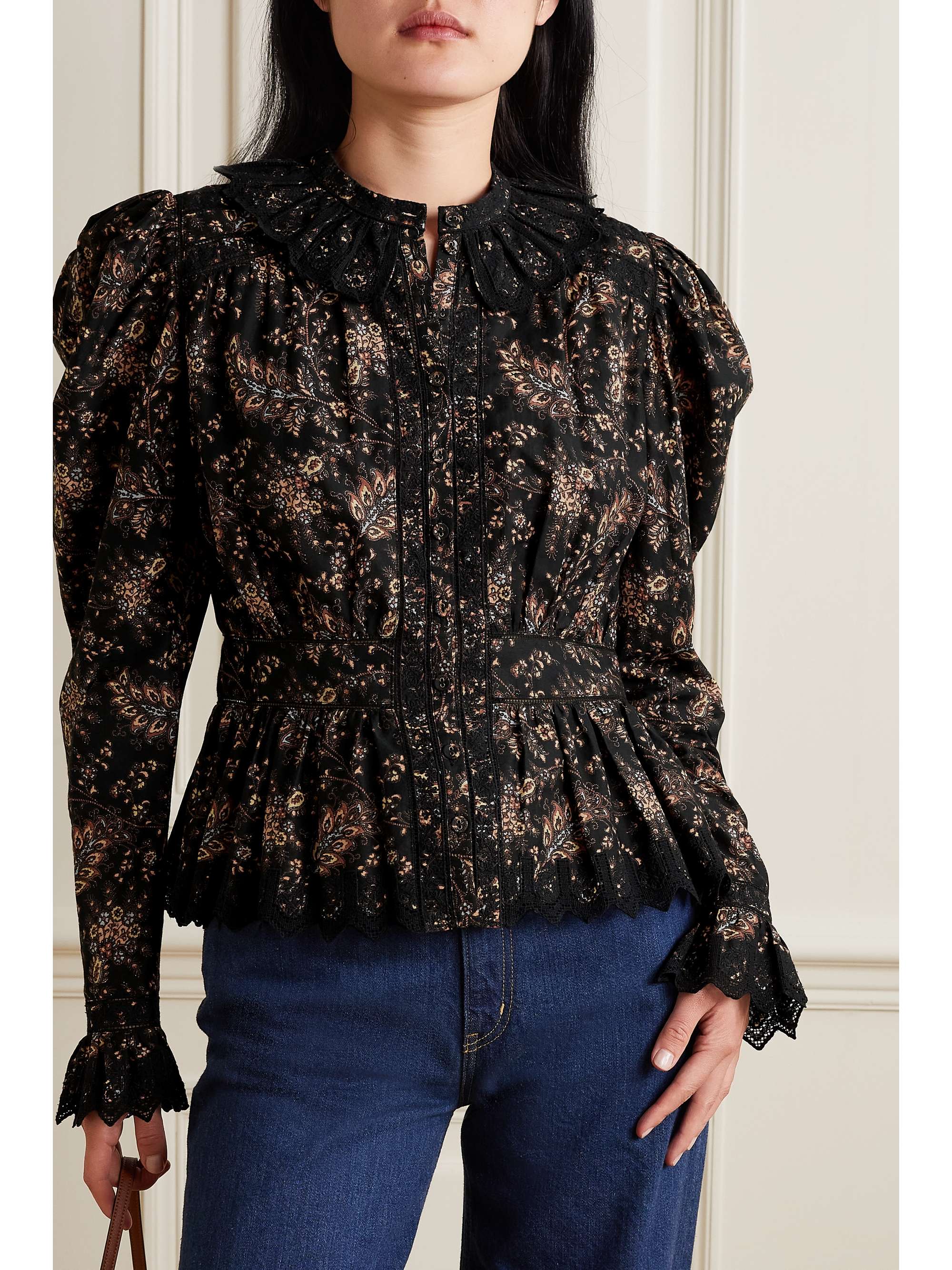 ULLA JOHNSON Brigitte lace-trimmed paisley-print cotton blouse