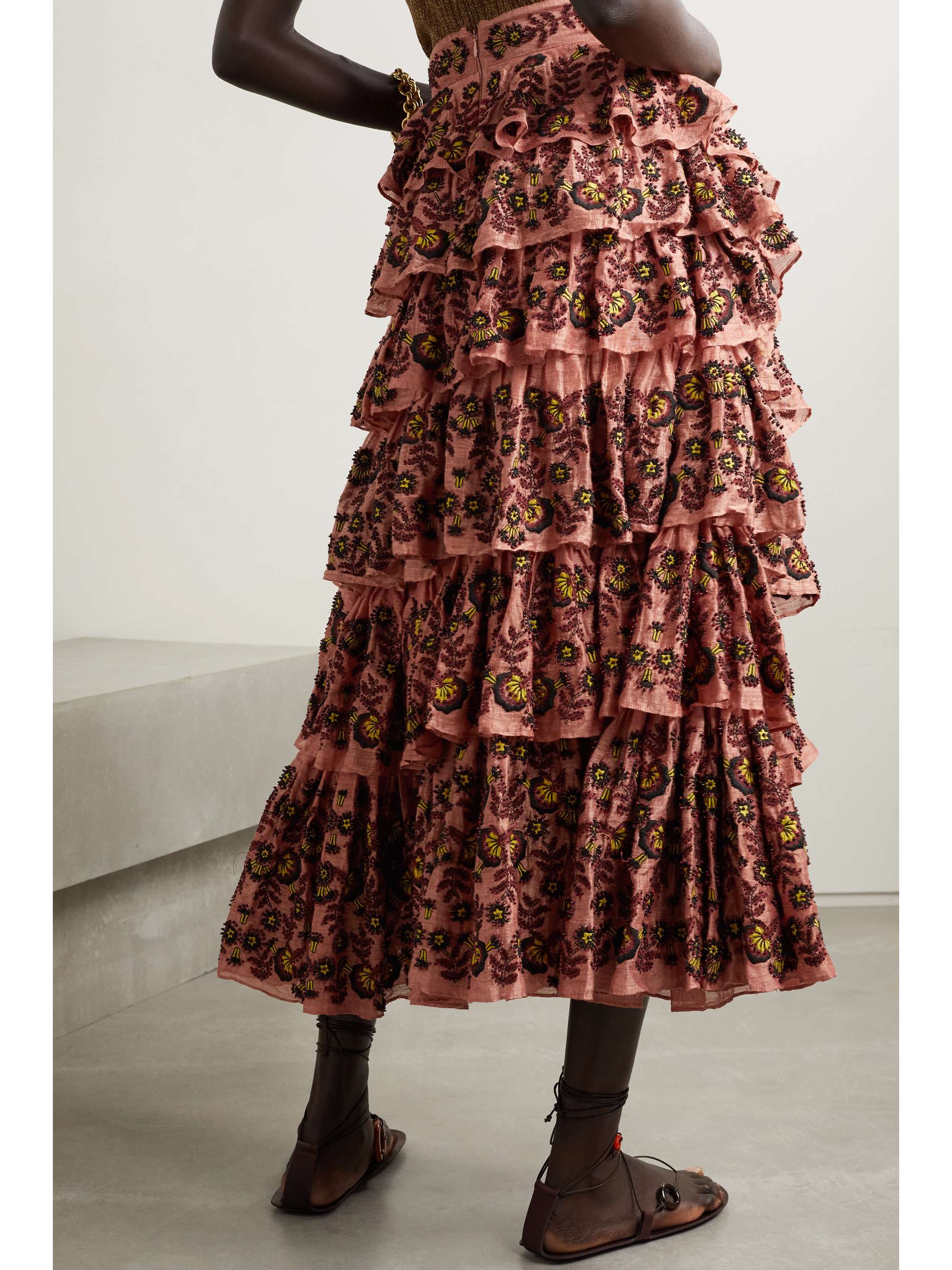 ULLA JOHNSON Reesha embellished tiered linen and silk-blend midi skirt
