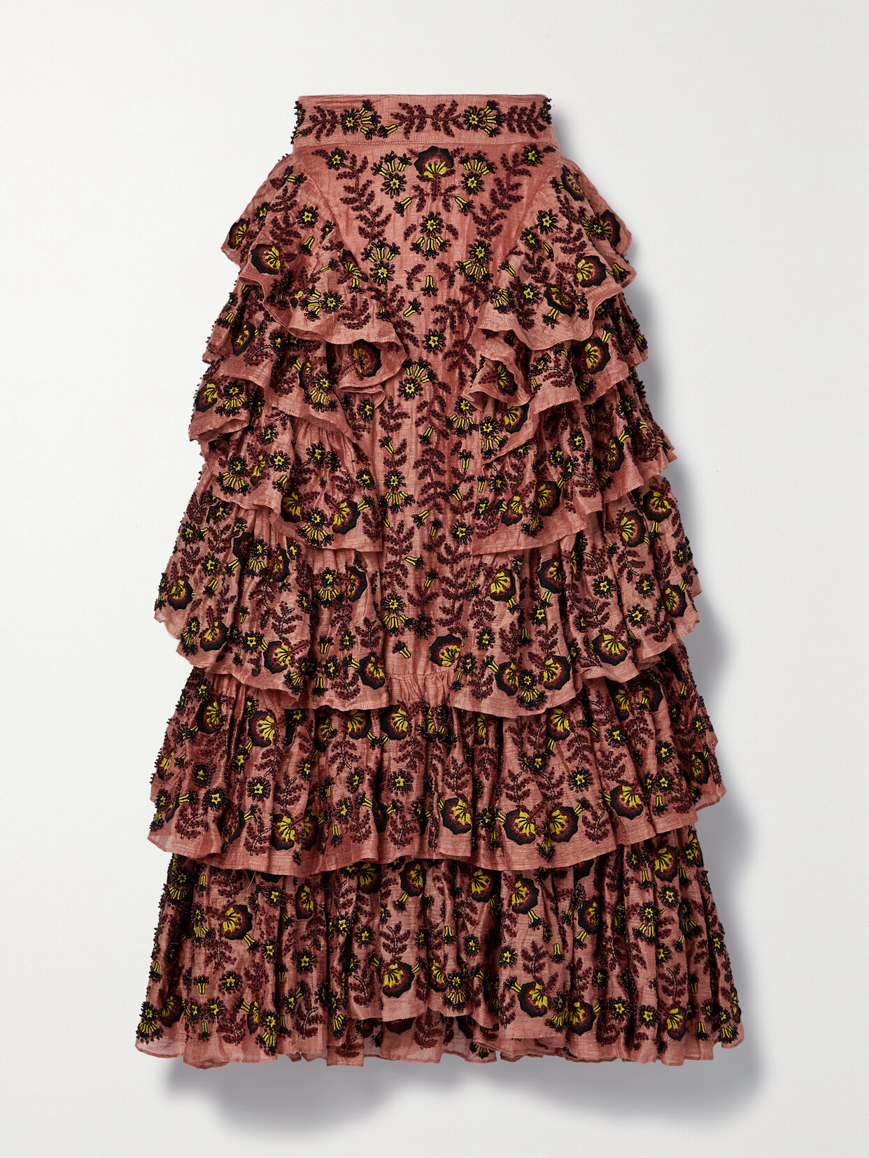Ulla Johnson - Reesha Embellished Tiered Linen And Silk-blend Midi Skirt - Burgundy 22 Awaiting product image
