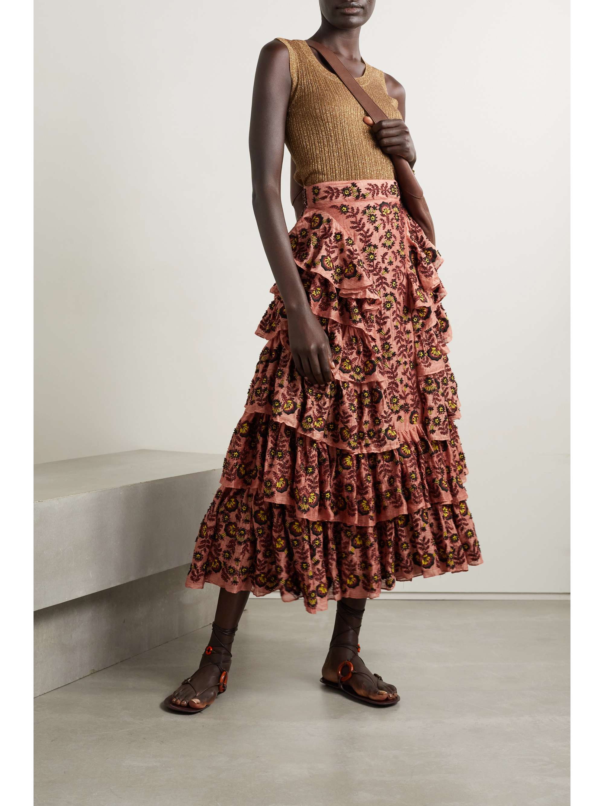 ULLA JOHNSON Reesha embellished tiered linen and silk-blend midi skirt