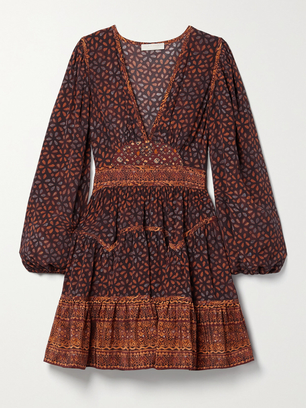 Ulla Johnson Hayana Printed Tiered Silk Crepe De Chine Mini Dress In Brown