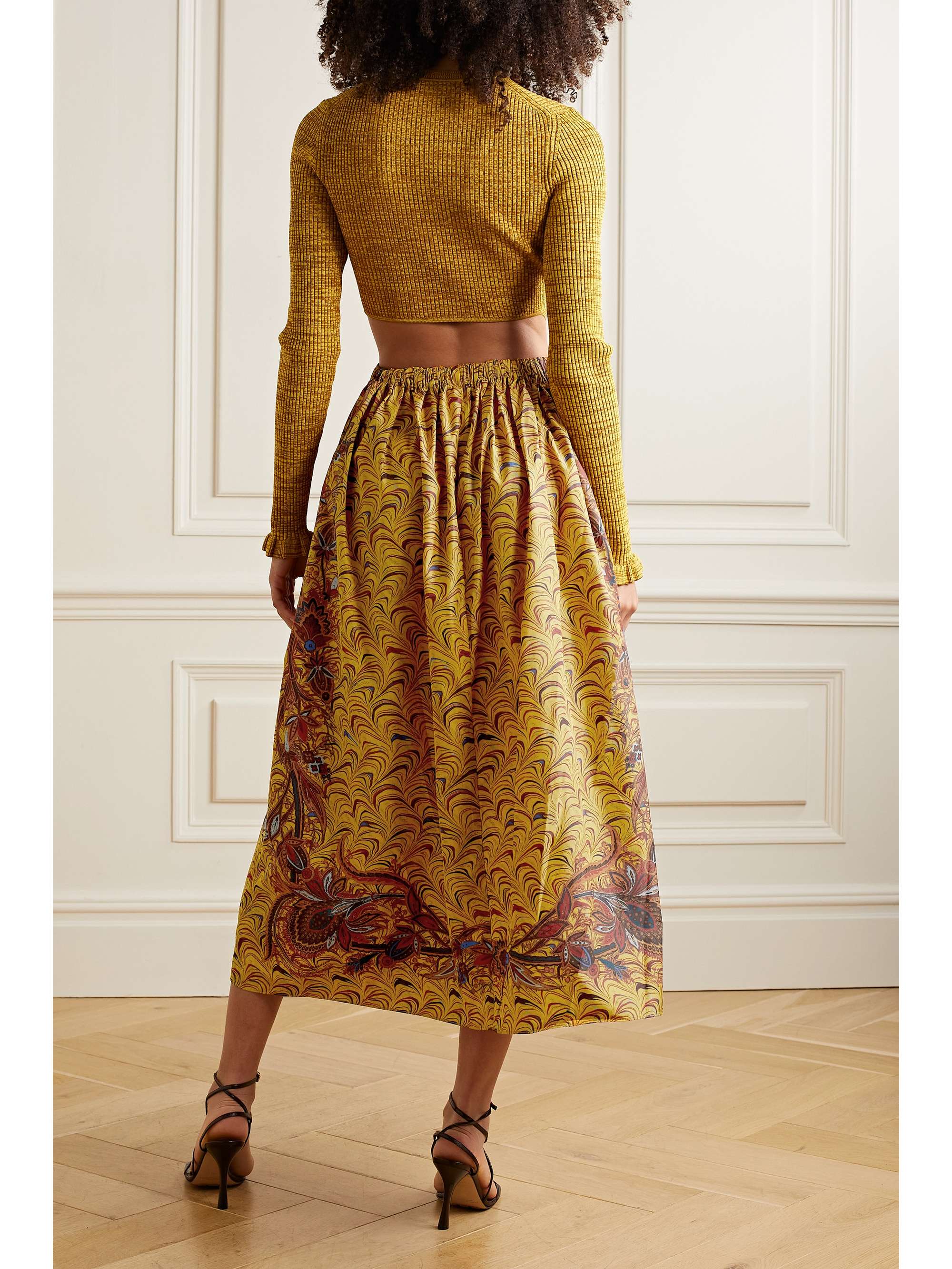 ULLA JOHNSON Marcellina cutout ribbed-knit and printed taffeta midi dress