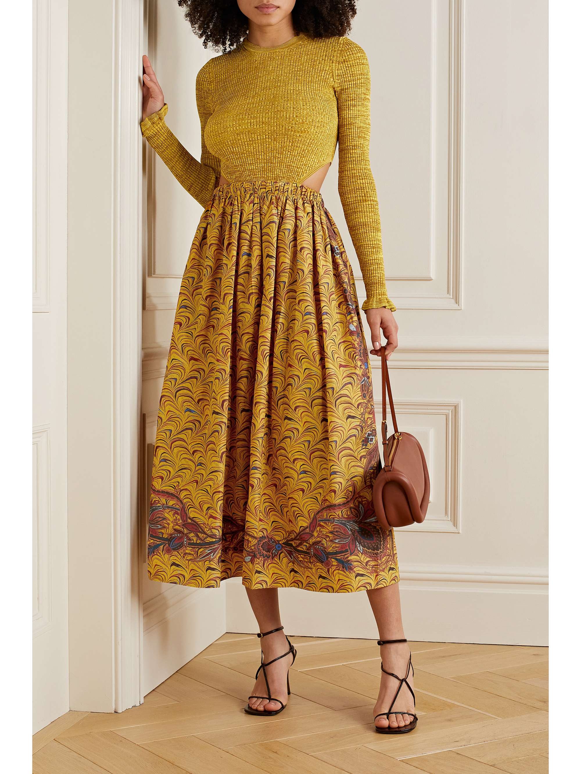 ULLA JOHNSON Marcellina cutout ribbed-knit and printed taffeta midi dress
