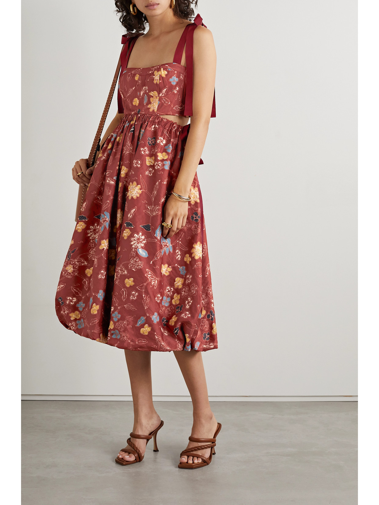 Ulla Johnson Gabrielle Cutout Tie-detailed Floral-print Matte-satin Dress In Burgundy