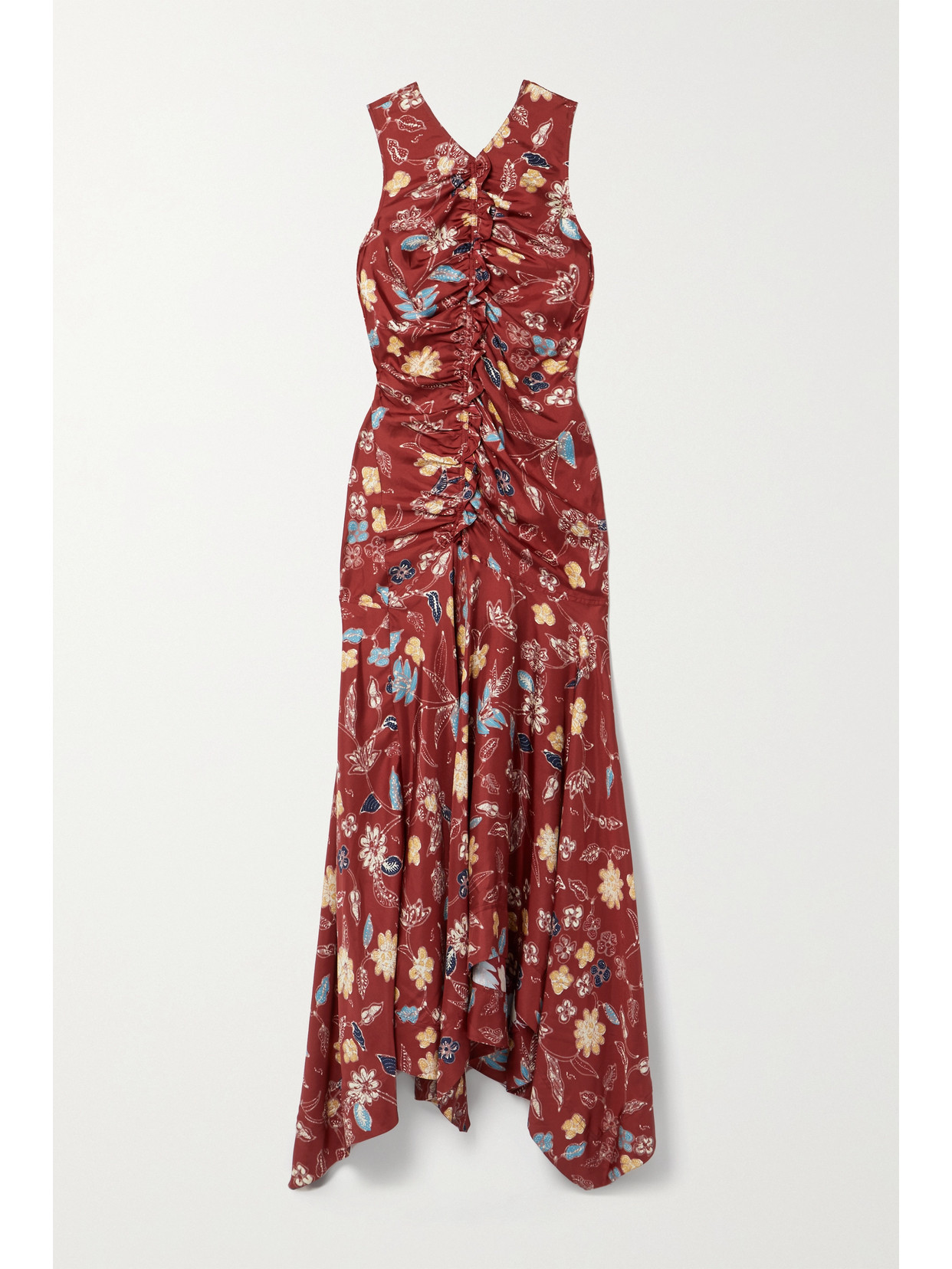 ULLA JOHNSON ALMA ASYMMETRIC RUCHED FLORAL-PRINT SILK-TWILL DRESS