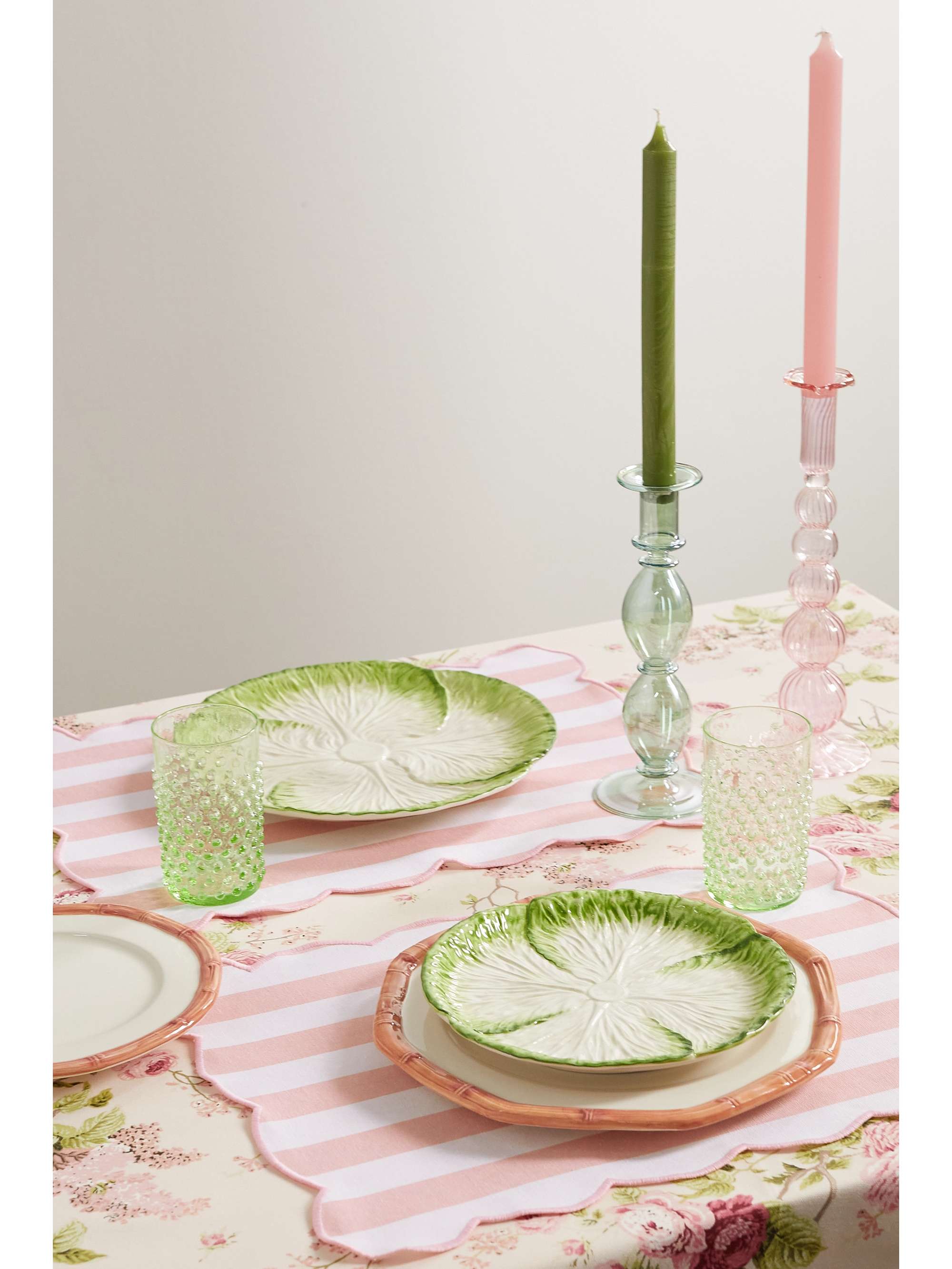 MRS. ALICE Set of two scalloped embroidered striped cotton placemats