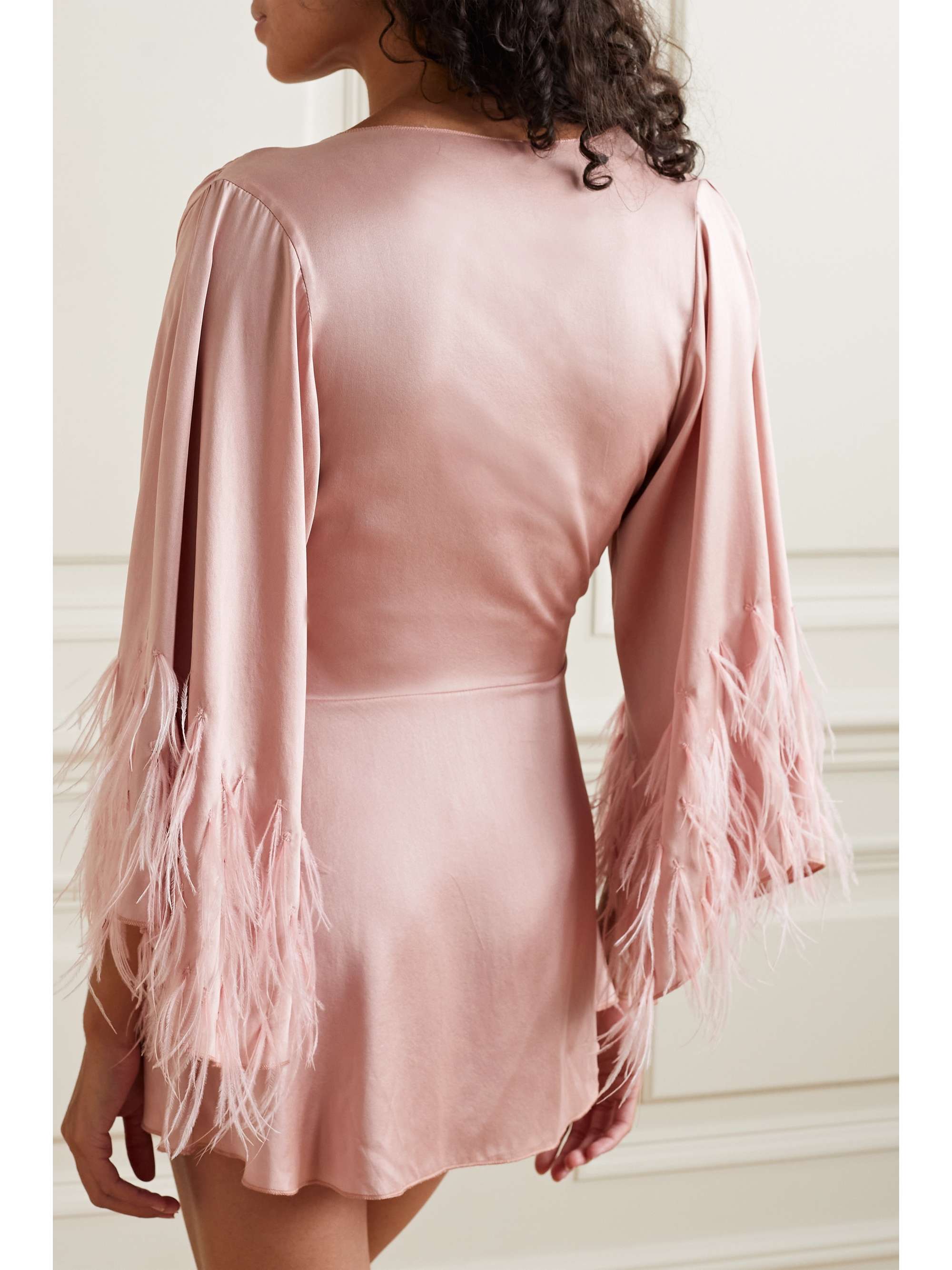 FLEUR DU MAL Belted feather-trimmed silk-satin robe