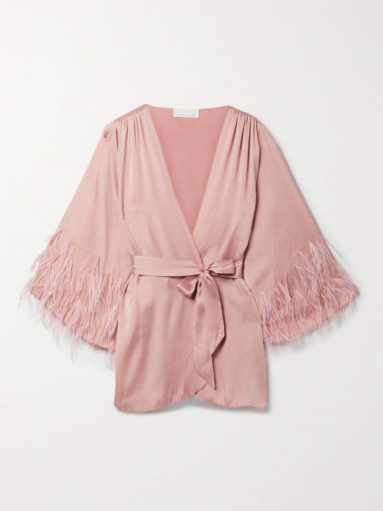 Fleur du Mal - Belted Feather-trimmed Silk-satin Robe - Pink