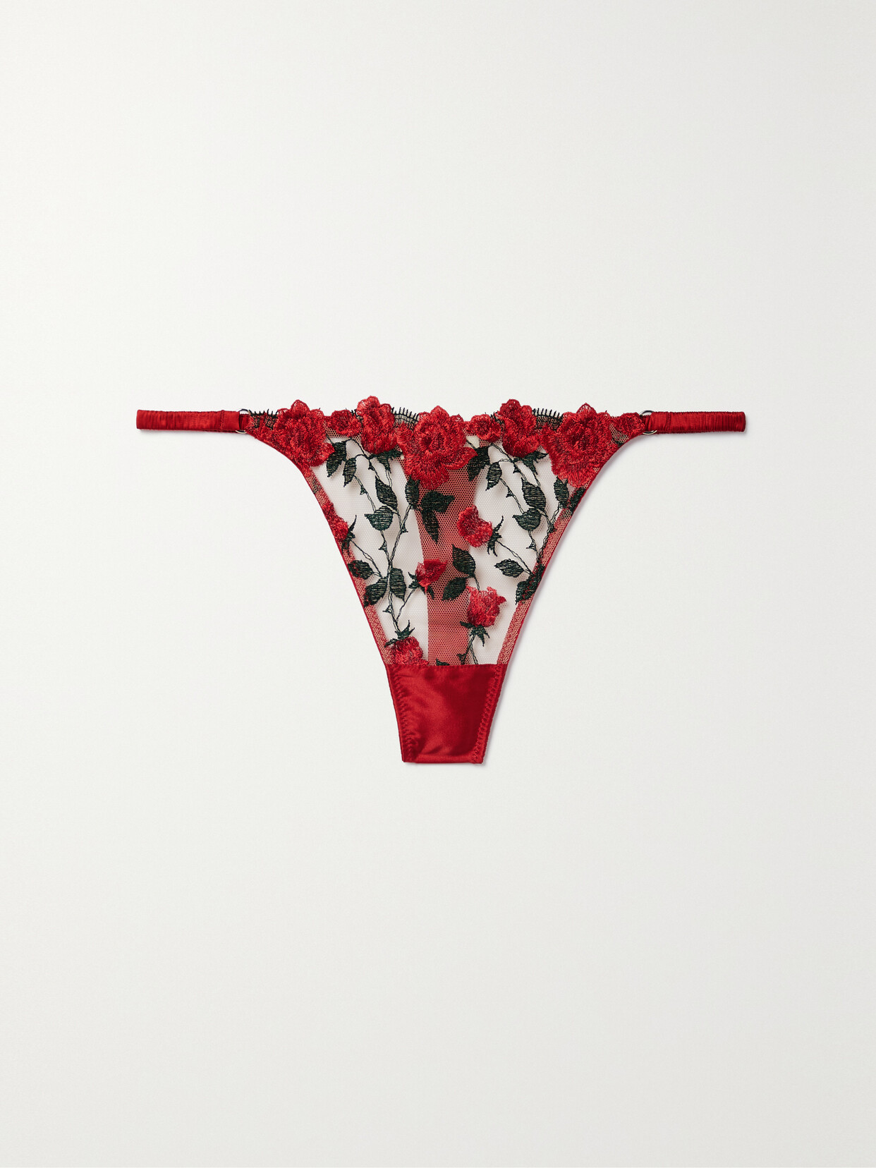 Fleur Du Mal Roses And Thorns Silk-blend Satin-trimmed Embroidered Tulle Thong In Rouge