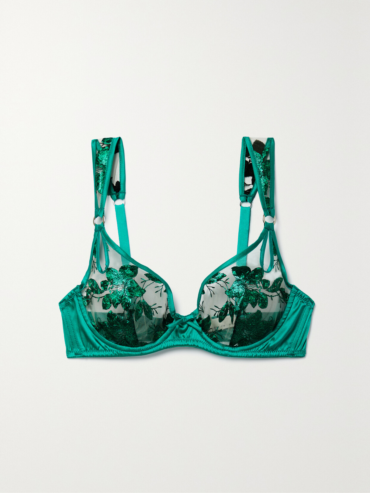 Fleur Du Mal Metallic Embroidered Tulle And Silk-blend Satin Underwired Soft-cup Bra In Emerald