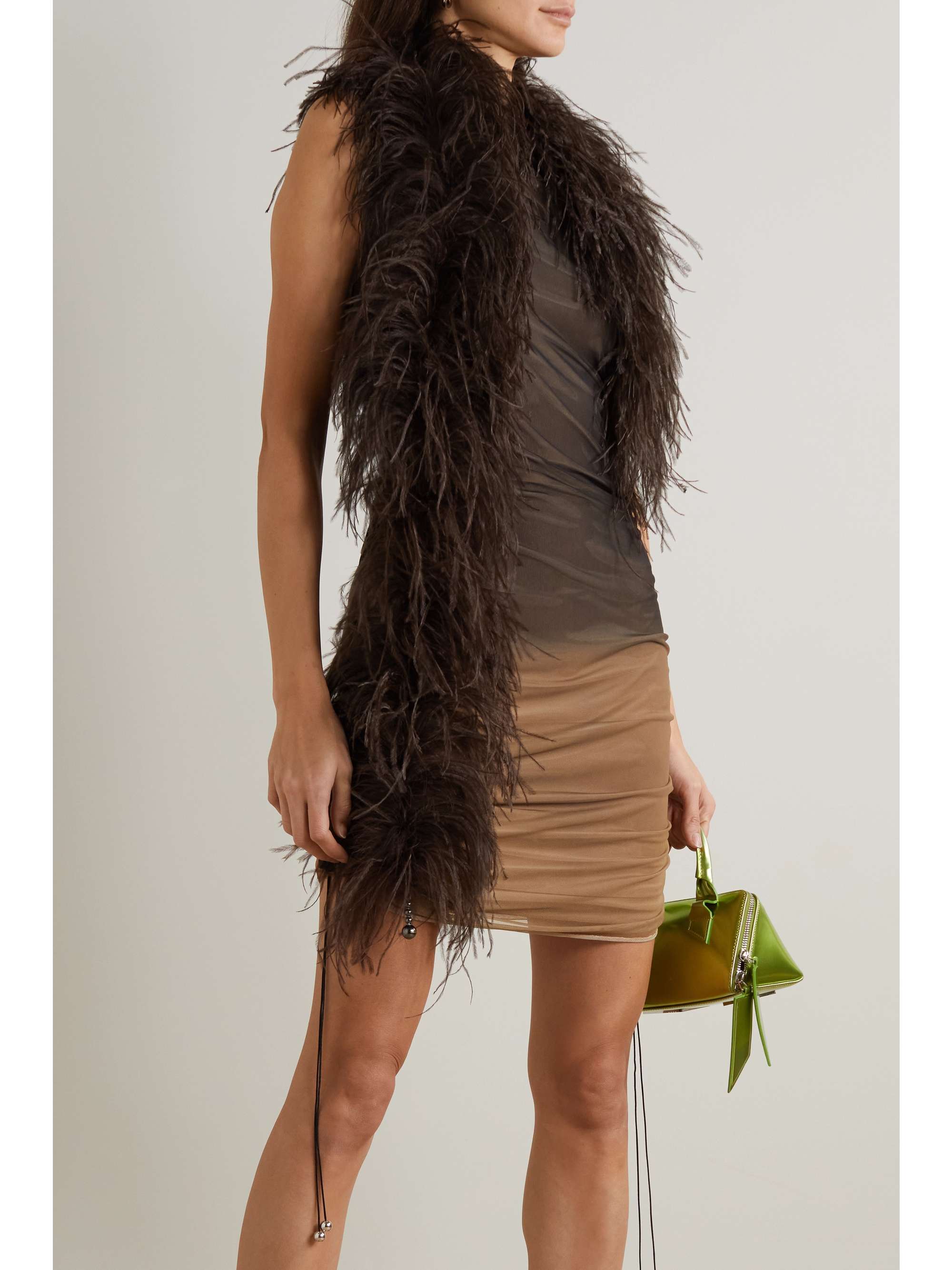 16ARLINGTON Antares feather-trimmed bead-embellished stretch-tulle mini dress