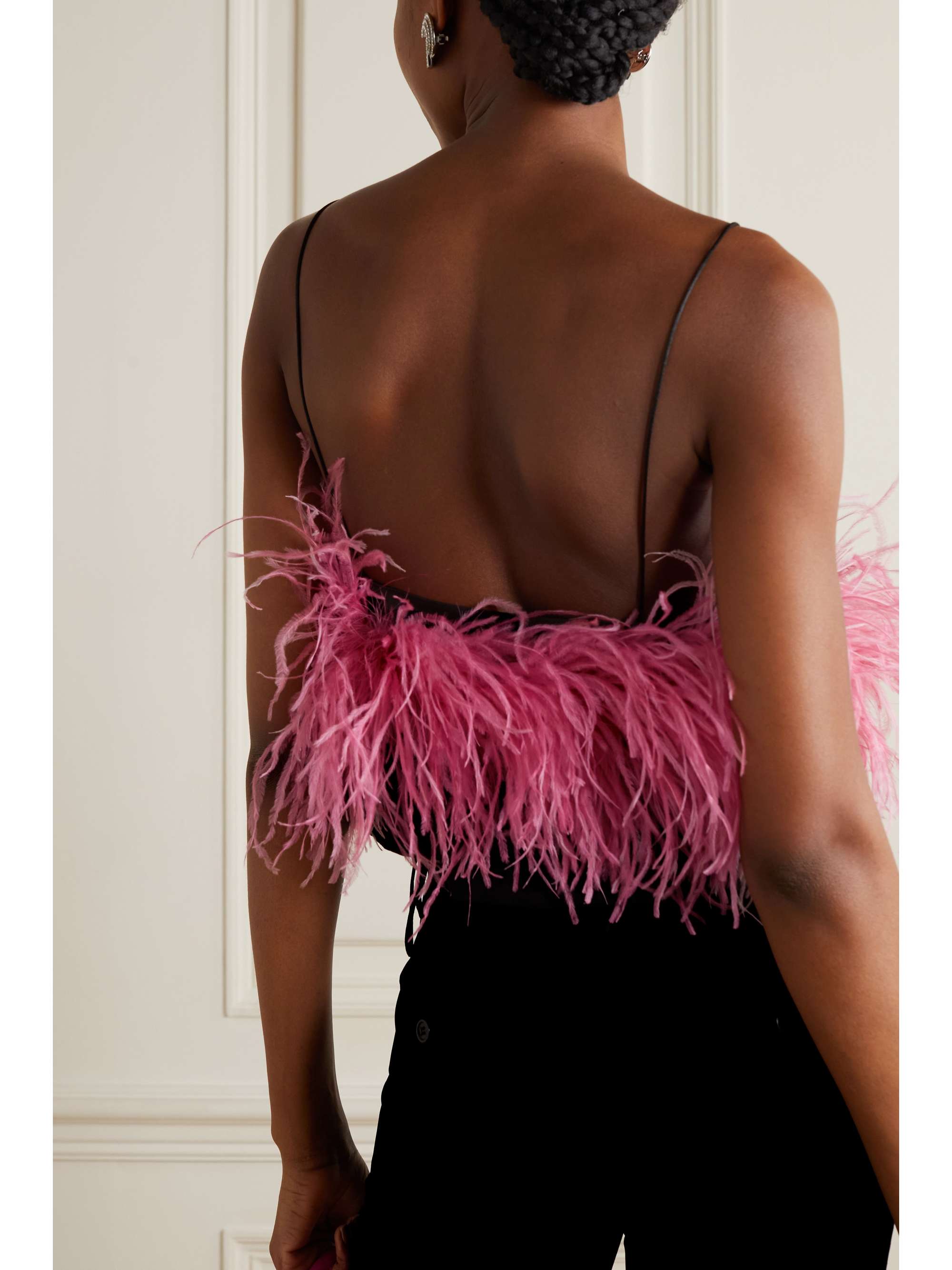 16ARLINGTON Poppy cropped feather-trimmed printed satin-twill camisole