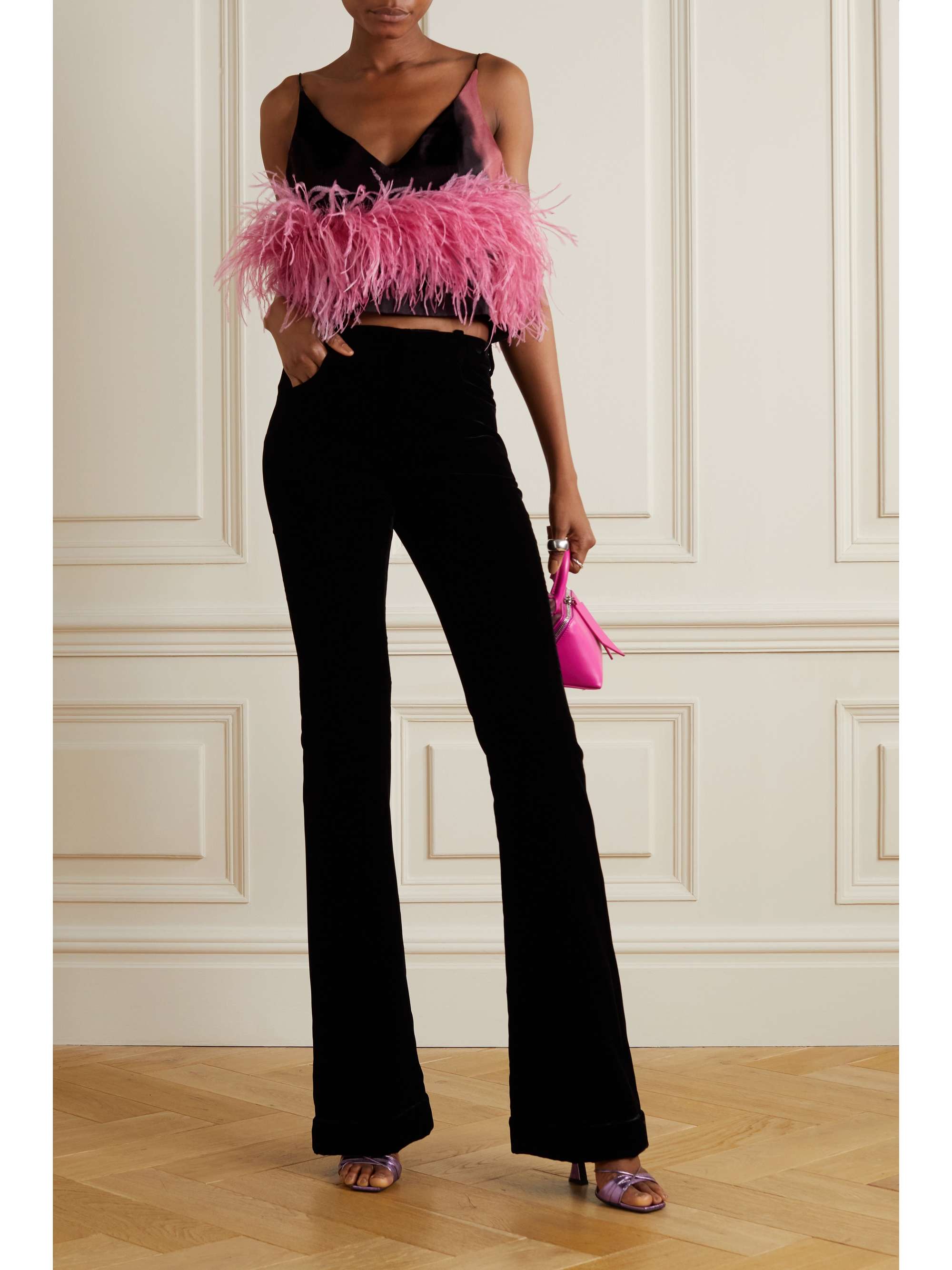 16ARLINGTON Poppy cropped feather-trimmed printed satin-twill camisole