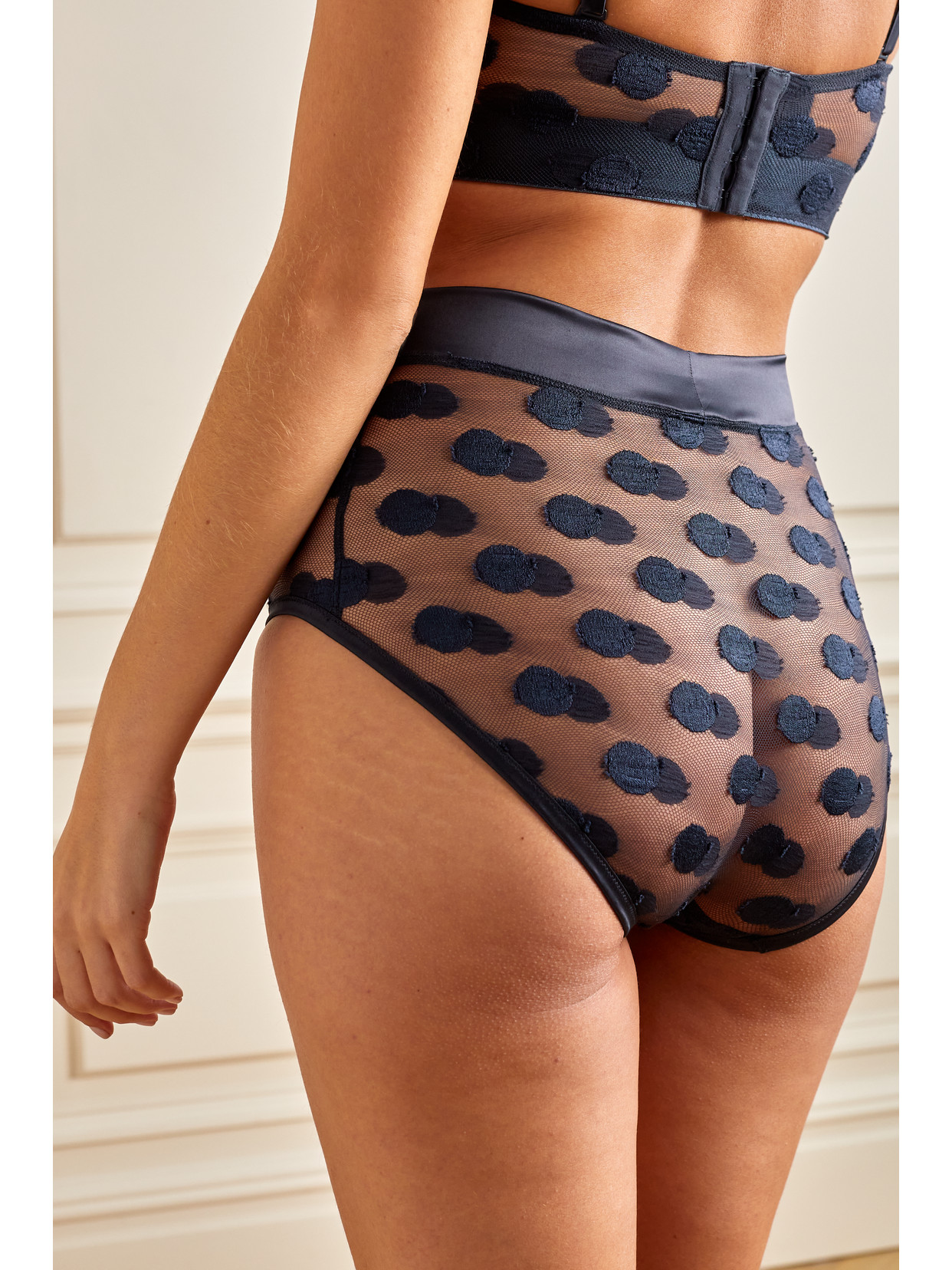 Shop Eres Automne Satin-trimmed Polka-dot Leavers Lace Briefs In Blue